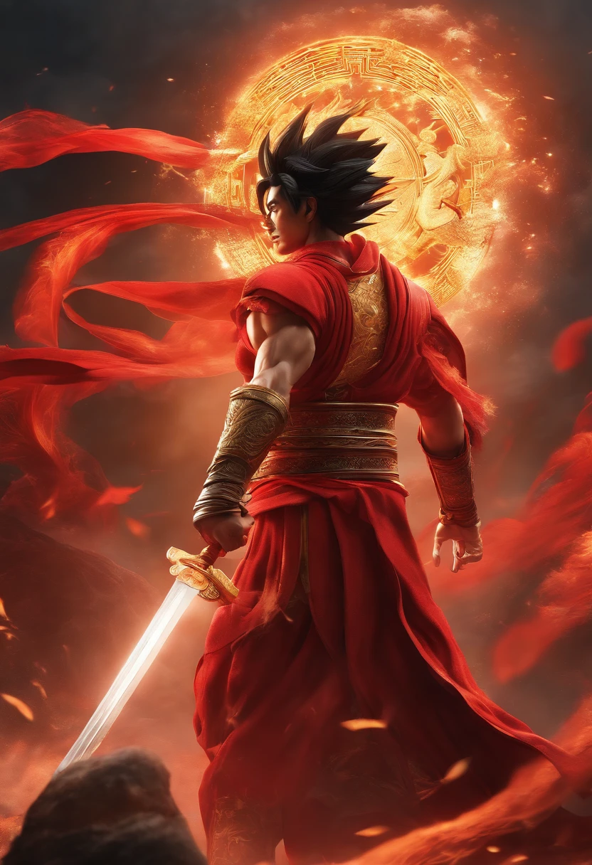 Goku as Chinese warrior in red robes, Dynasty warrior style, Elaborate and gorgeous CGI anime style, Luffy, 8K highly detailed digital effect fantasy, cgsociety 9, epic digital art illustration, and Mumford and Alex Gray style, Bio-luminescence