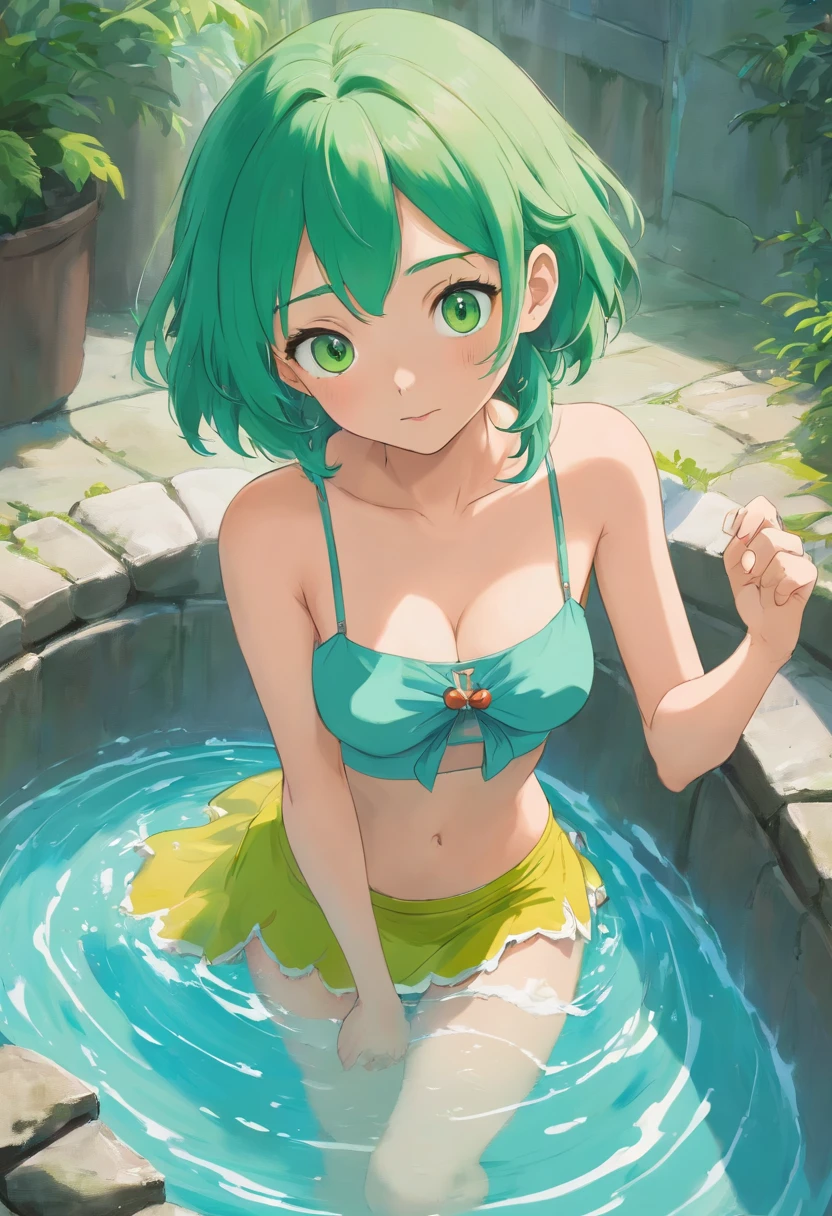 masterpiece, best quality:1.2), solo, 1girl, odelschwanck,  seductive expression, looking at viewer, right hand over her chest, left hand reaching out to viewer, green hair, skull, torn clothes, underboob, skirt, skin texture, extremely detailed image, emerging from a hot tub