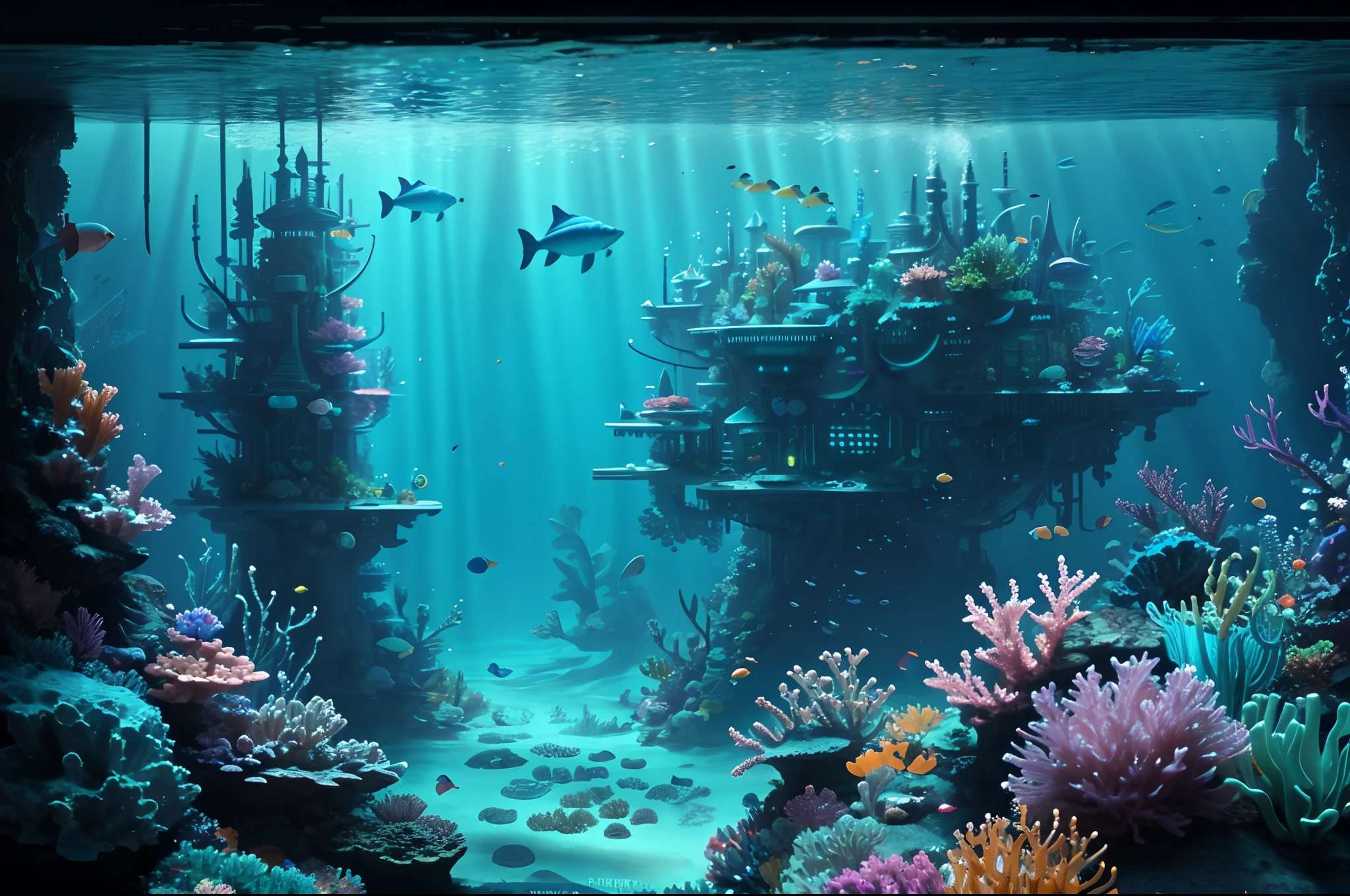 There is a large underwater futuristic wonderland，There are a lot of colorful fish inside, an underwater city, futuristic underwater metropolis, an underwater city, Underwater market, Colorful underwater creatures，Colorful tropical fish，light  leaks，depth of fields，Amazing scenery，deep sea cyberpunk, cyberpunk atlantis, Stylized urban fantasy artwork, underwater environment, 8 K high detail concept art, undersea environment, author：Dan Christensen, Concept art wallpaper 4K, concept art 8 k, author：Alexander Kucharisky