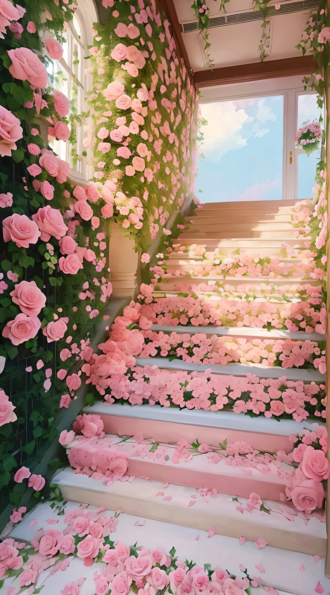 Close-up of stairs covered with pink roses，There are windows, Beautiful and aesthetic, with soft pink colors, dreamy aesthetic, an aesthetic field of flowers, shades of pink, beautiful aesthetic, rosses, portal made of roses, Lots of flowers, Magical flowers, Beautiful flowers, rosette, Full of flowers, nature and floral aesthetics, pink hues, heaven pink