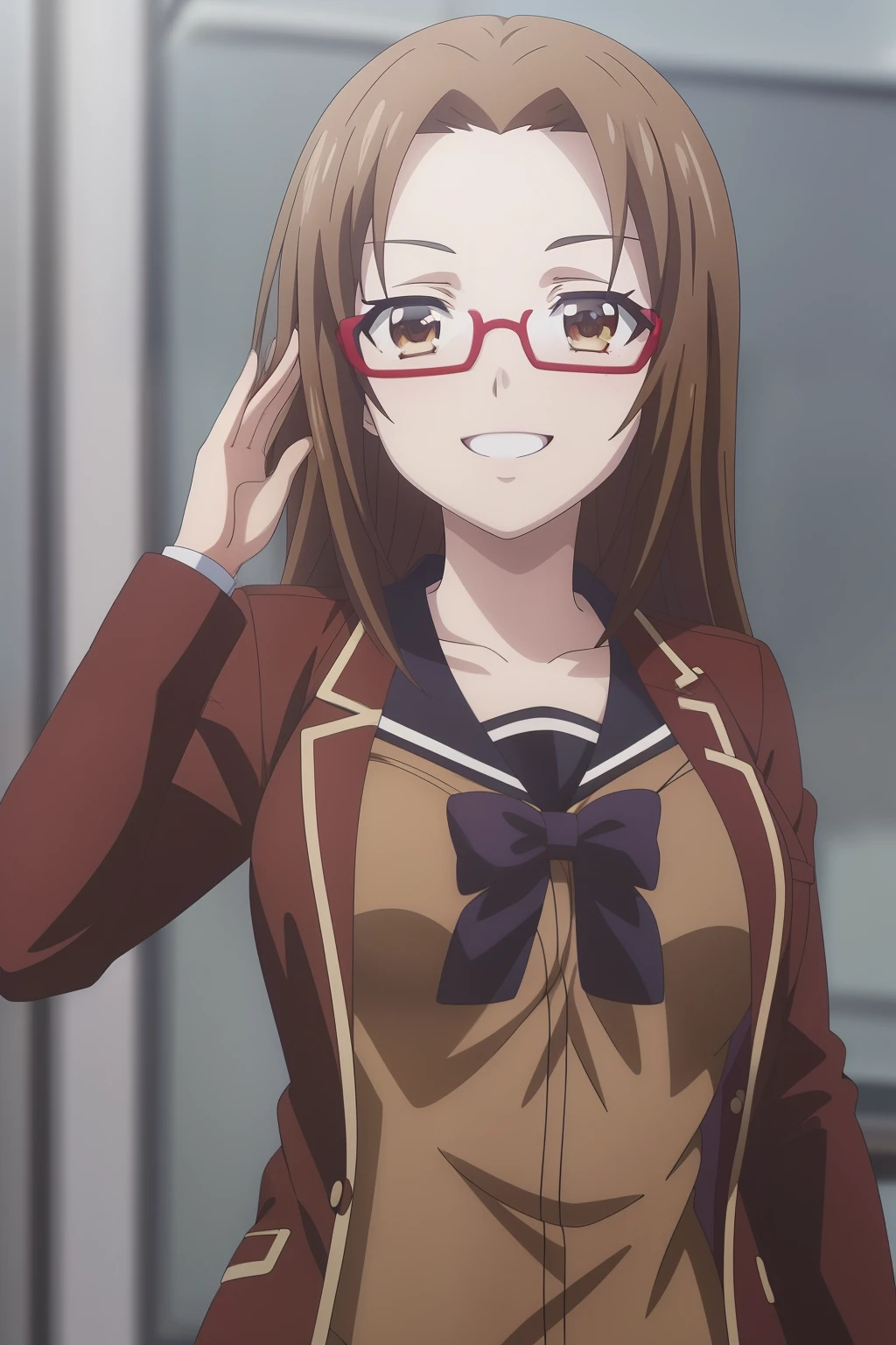 1girl, masterpice, high quality, best quality, good anime picture, misaki, ((school uniform)), ((serafuku)), twin braids, ((collar)), hair ornament, upper body, big breasts, dynamic light and shadows, smile, (adjusting eyewear:1.2), multicolor outfit,