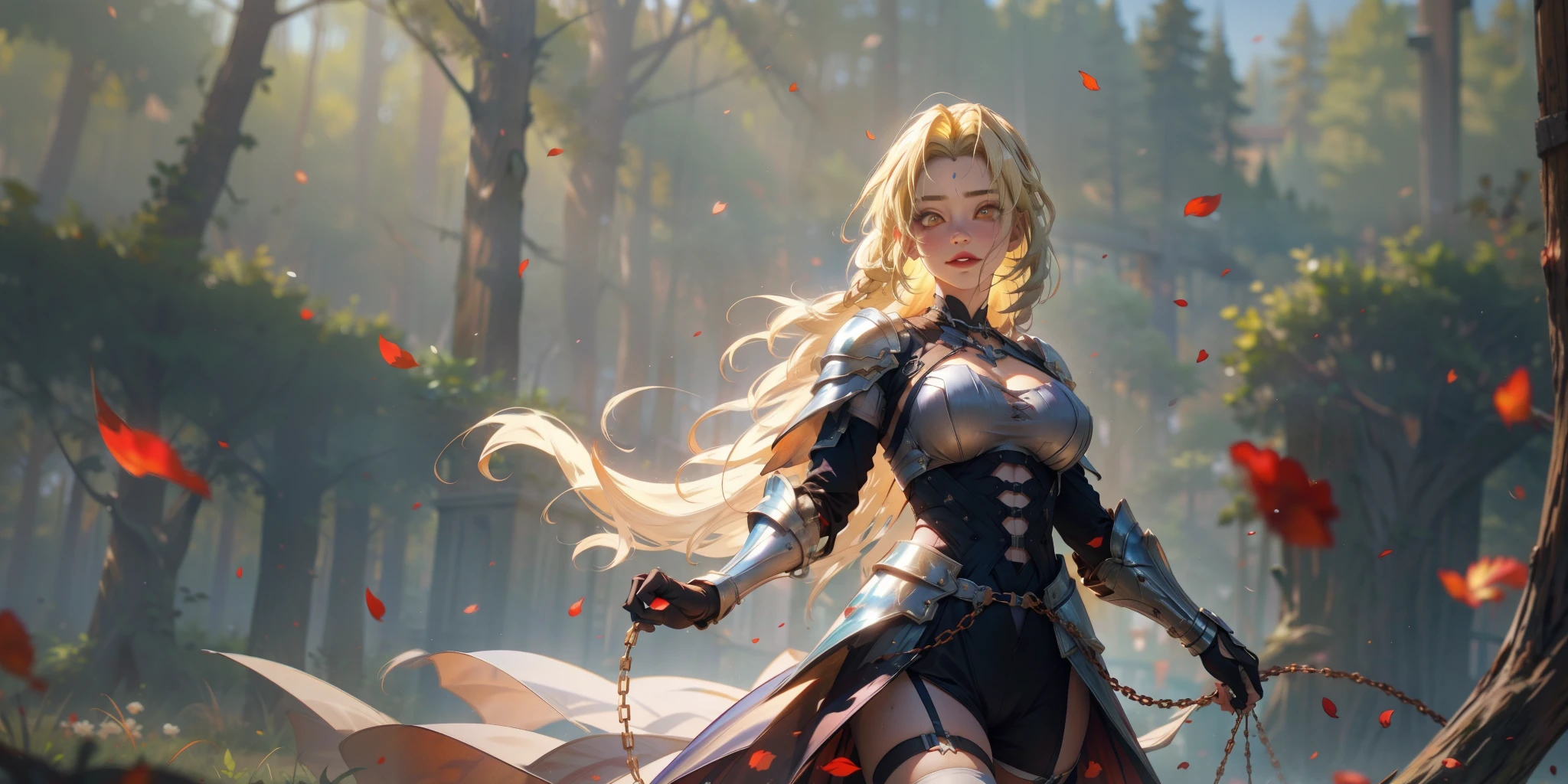 (blonde hair:1.7), orange eyes, glowing eyes, masterpiece, best quality, (highres:1.4), (sagging breasts:1.4), hollow eyes, sweating, smirk, upper teeth, looking at viewer, petals, 1girl, thighhighs, armor, breasts,solo, chain, gauntlets,  looking_at_viewer, armored_dress, large_breasts,  rose_petals,  holding, flag, glow effects, godrays, Hand drawn, render, 8k, octane render, cinema 4d, blender, dark, atmospheric 4k ultra detailed, cinematic, Sharp focus, big depth of field, Masterpiece, colors, 3d octane render, 4k, concept art, trending on artstation, hyperrealistic, Vivid colors, extremely detailed CG unity 8k wallpaper, trending on CGSociety, Intricate, High Detail, dramatic