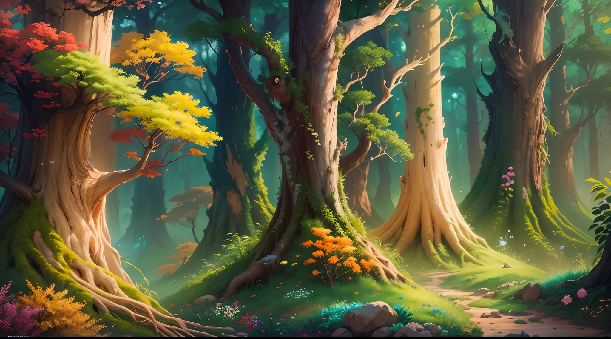 Uma imagem majestosa de uma floresta encantada. The trees are tall and imposing, With leaves that sparkle like gold in the sunlight. As flores, In all the colors of the rainbow, dancing in the wind, creating a magical and vibrant atmosphere. The image should convey the sense of awe and wonder when looking at this forest. The illustration is a high-definition illustration in resolution, 4K com recursos altamente detalhados e visuais em estilo de desenho animado, tonalidade perolada