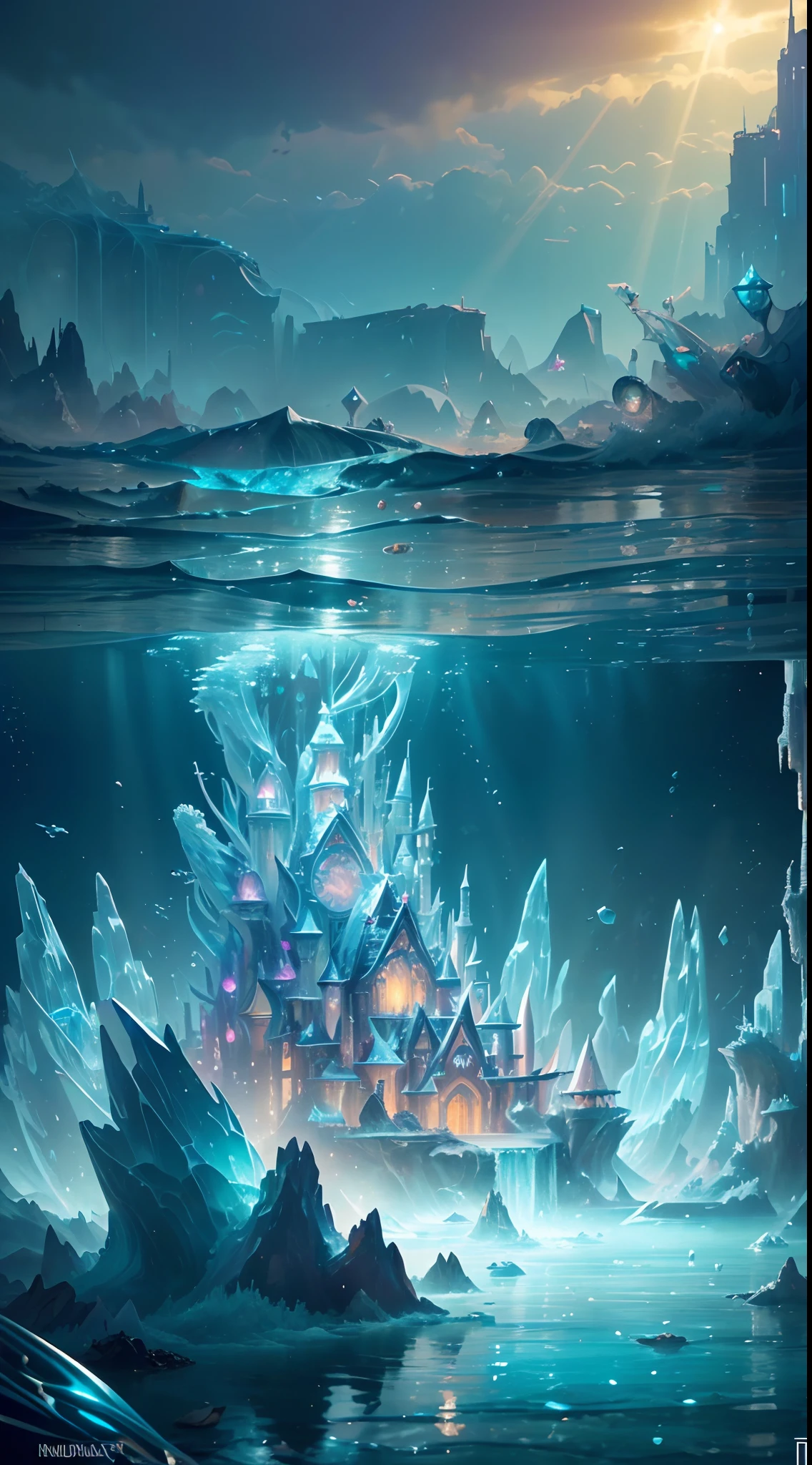 ((Need)), ((tmasterpiece)), (A detailed)),marvel universe,Translucent underwater ice palace,Colorful Atlantis City,Colorful underwater kingdom,Futuristic underwater city,Futuristic technology,Alien technology,Colorful magical sea creatures,marvel universe,Future cyberpunk,Surreal dreams,Surrealist art fantasy style,Epic digital fantasy art style,Art germ, Broken glass, ((bubbly underwater scenery)) ,Radiant light octane rendering is highly detailed