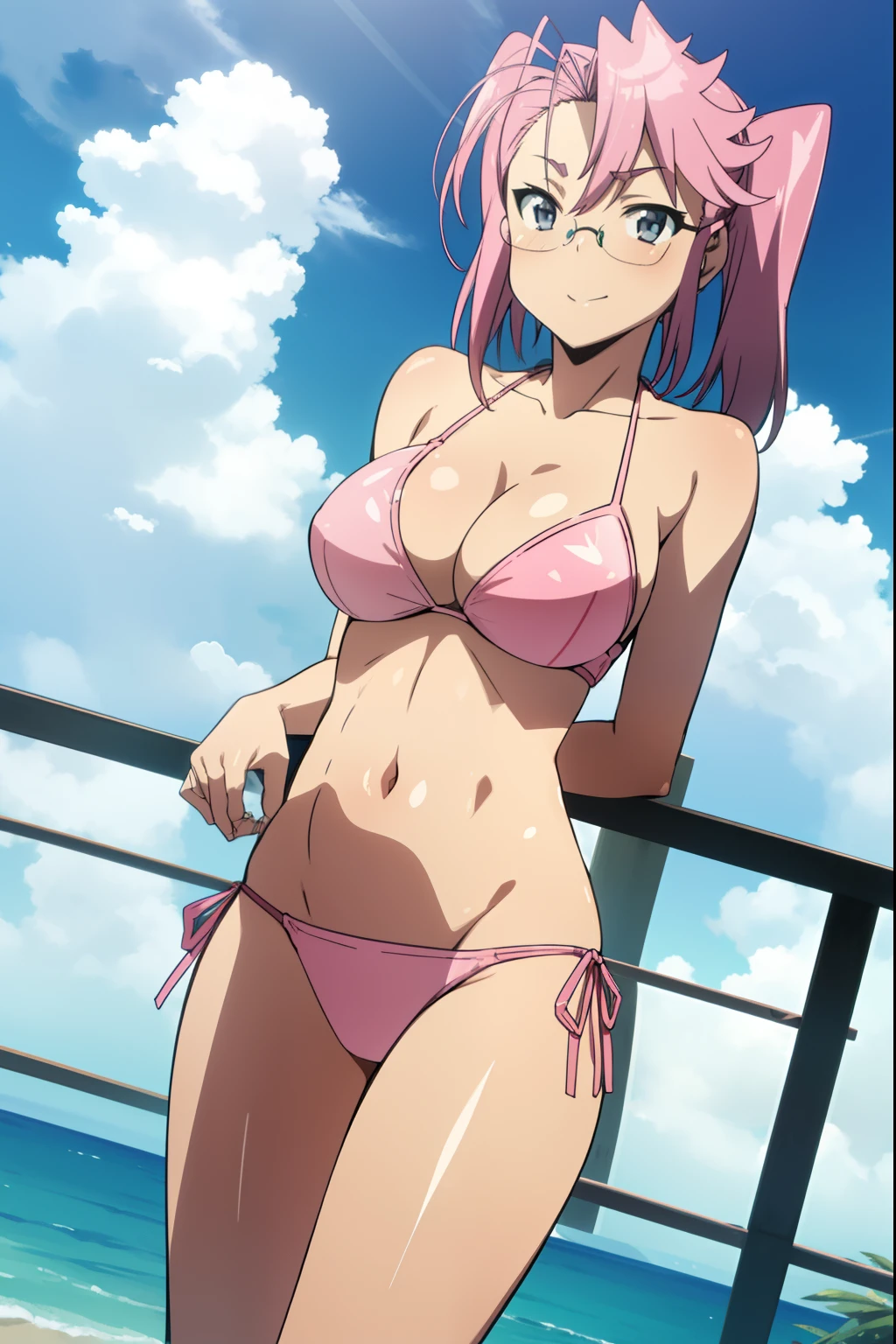 saya_takagi, solo, 1girl, breasts, bikini, swimsuit, cleavage, day, smile, cloud, sky, pink_bikini, frilled_bikini, blue_sky, outdoors, looking_at_viewer, bare_shoulders, collarbone, shiny_skin, thighs, glasses