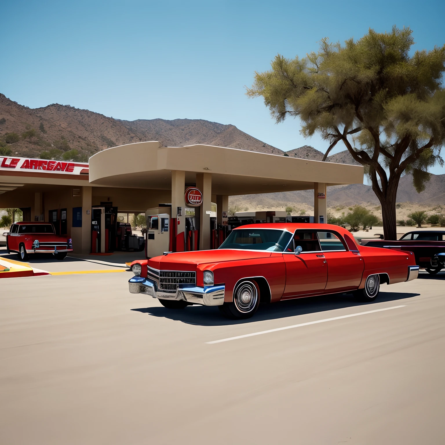 Gas station in the background a red old American Cadillac on a road in California, estrada, arid place, vibe vintage, posto de gasolina