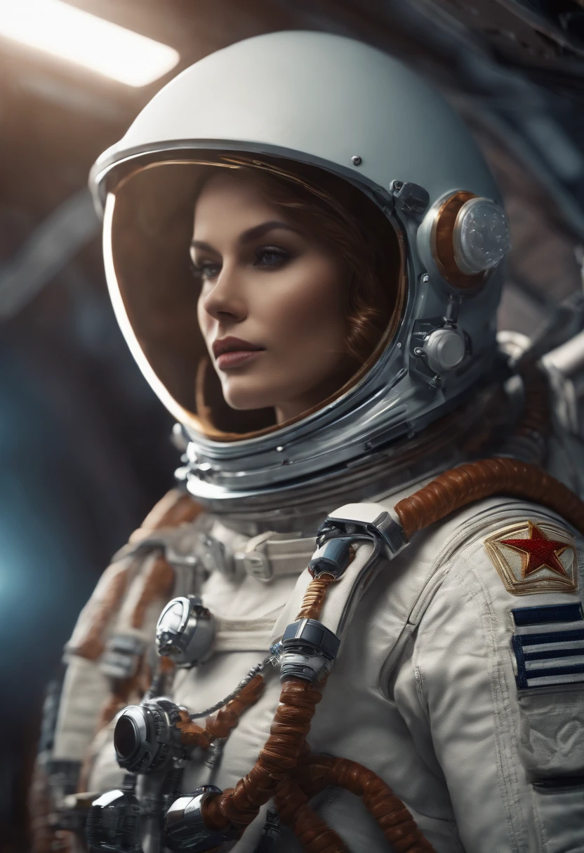 (best quality, master part),1girl, sexy woman an Soviet cosmonaut, sexy body, thigh clothes, ornate, dynamic, particulate, rich colors, intricate, elegant, highly detailed, fashion magazine, smooth, sharp focus, 8 k, octane render