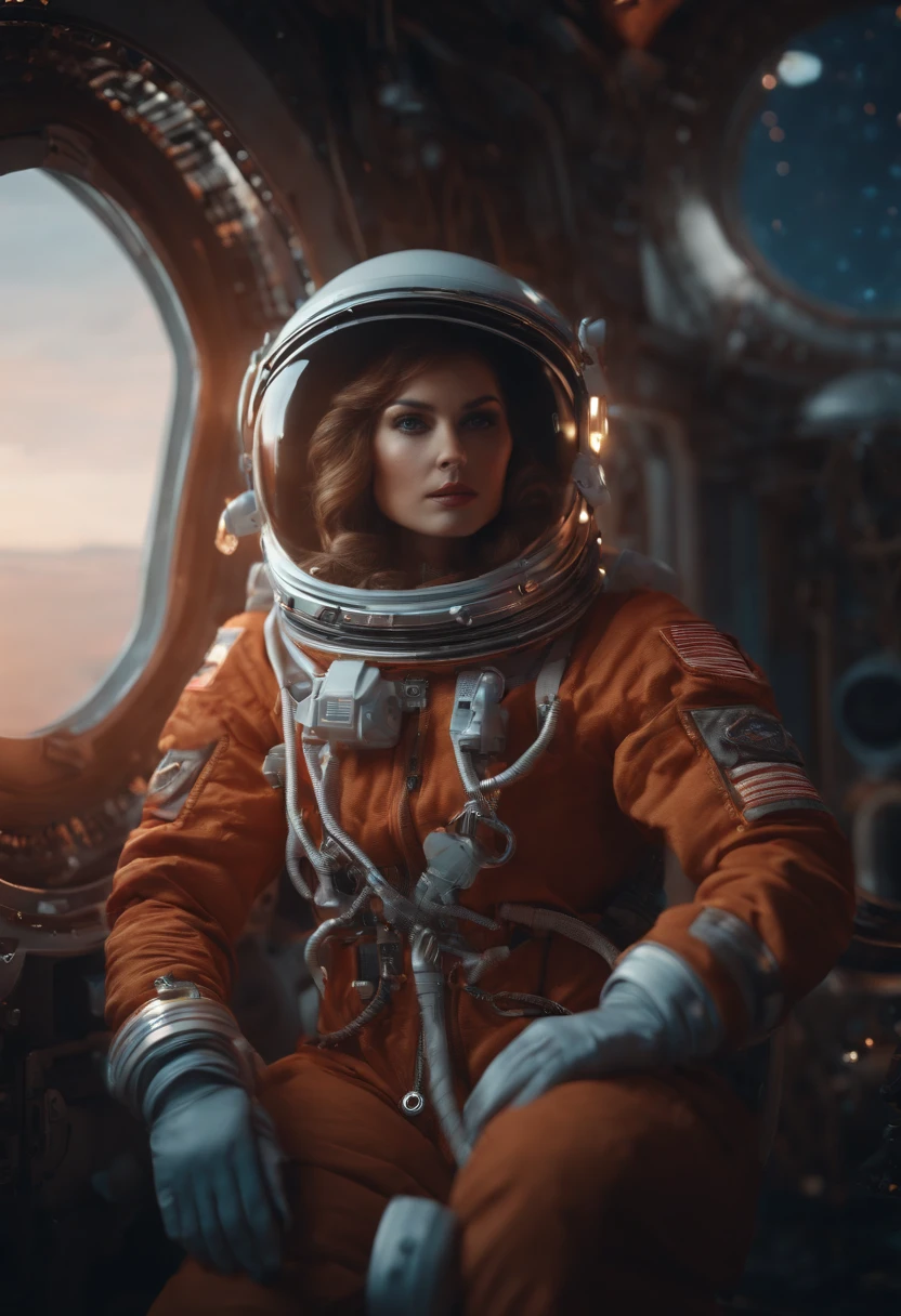 (best quality, master part),1girl, sexy woman an Soviet cosmonaut, sexy body, thigh clothes, ornate, dynamic, particulate, rich colors, intricate, elegant, highly detailed, fashion magazine, smooth, sharp focus, 8 k, octane render