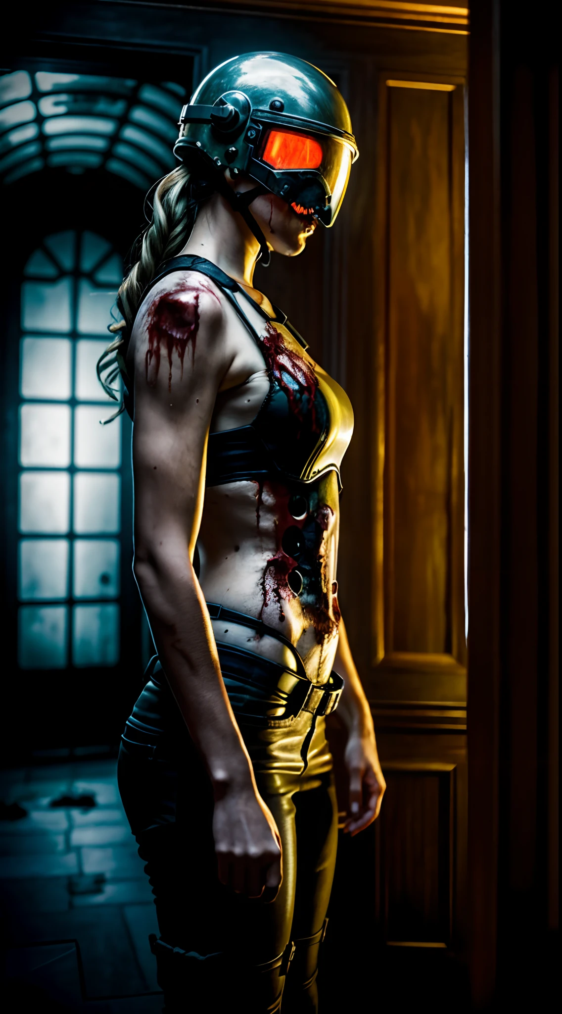 Photorealistic realism realistic photograph of female zombie, cuts, sci-fi helmet with tubes, in a haunted horror mansion