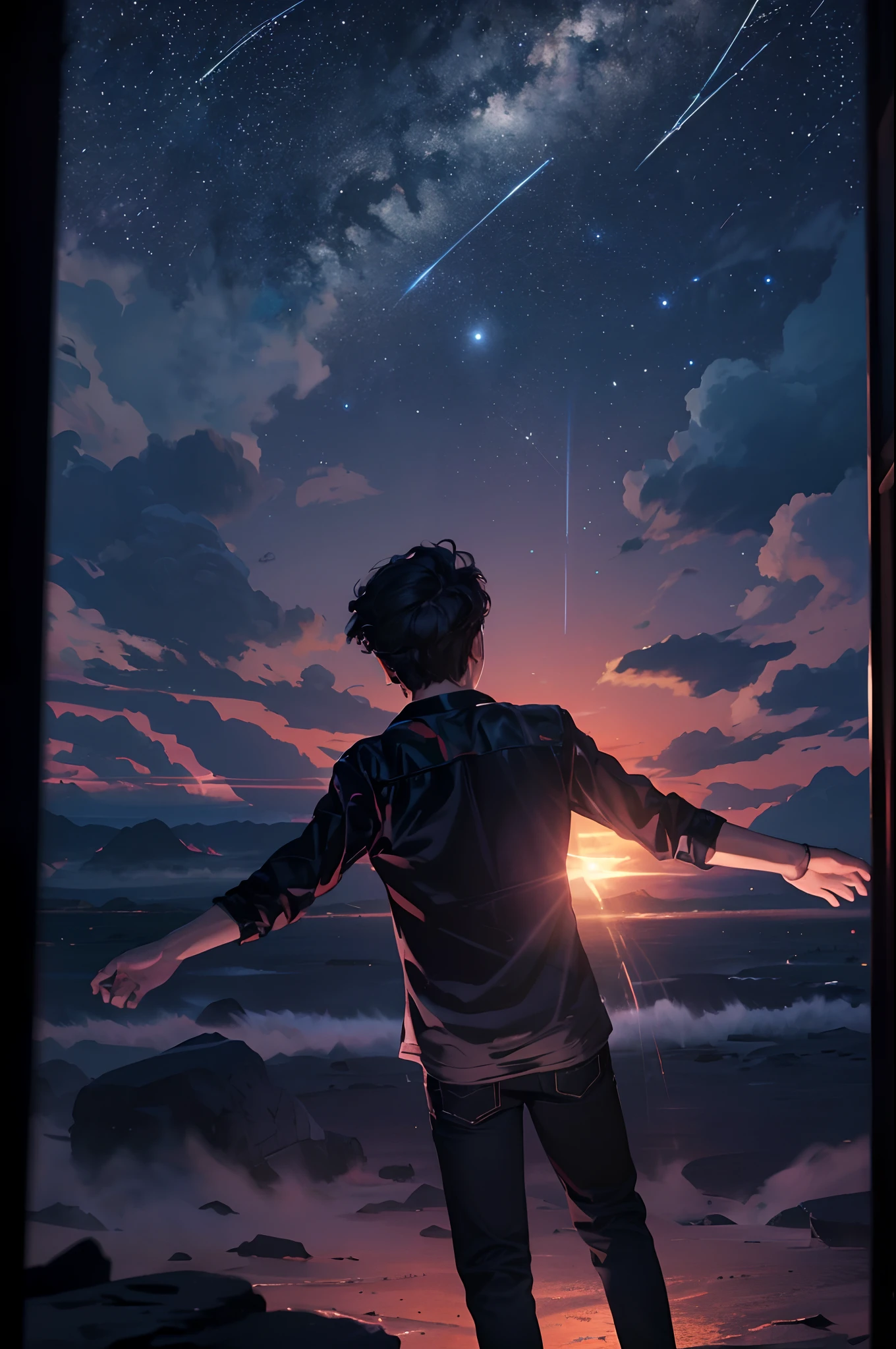 ((Best Quality, 8K, Masterpiece: 1.3)), landscape, morning shoot, star trail, slow speed, standing young man with black hair, black jeans, look at the stars, amazing scenery, hundreds of stars forming a circle, light waves, futures city, magic in hands.