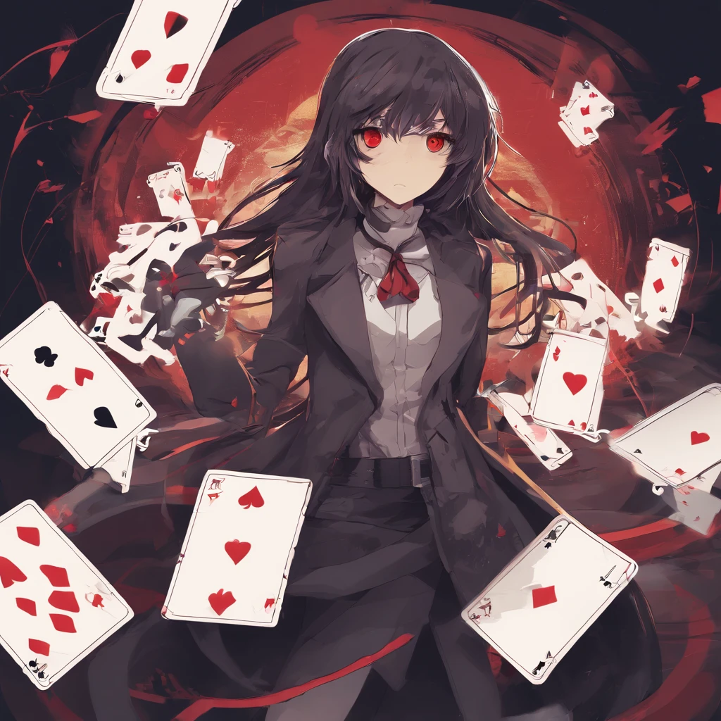 anime  girl gambler with red eyes, her hands are behind her back, cards float around her. She wears phantom theif style clothing such as fancy trenchcoat, she has messy shoulder length hair