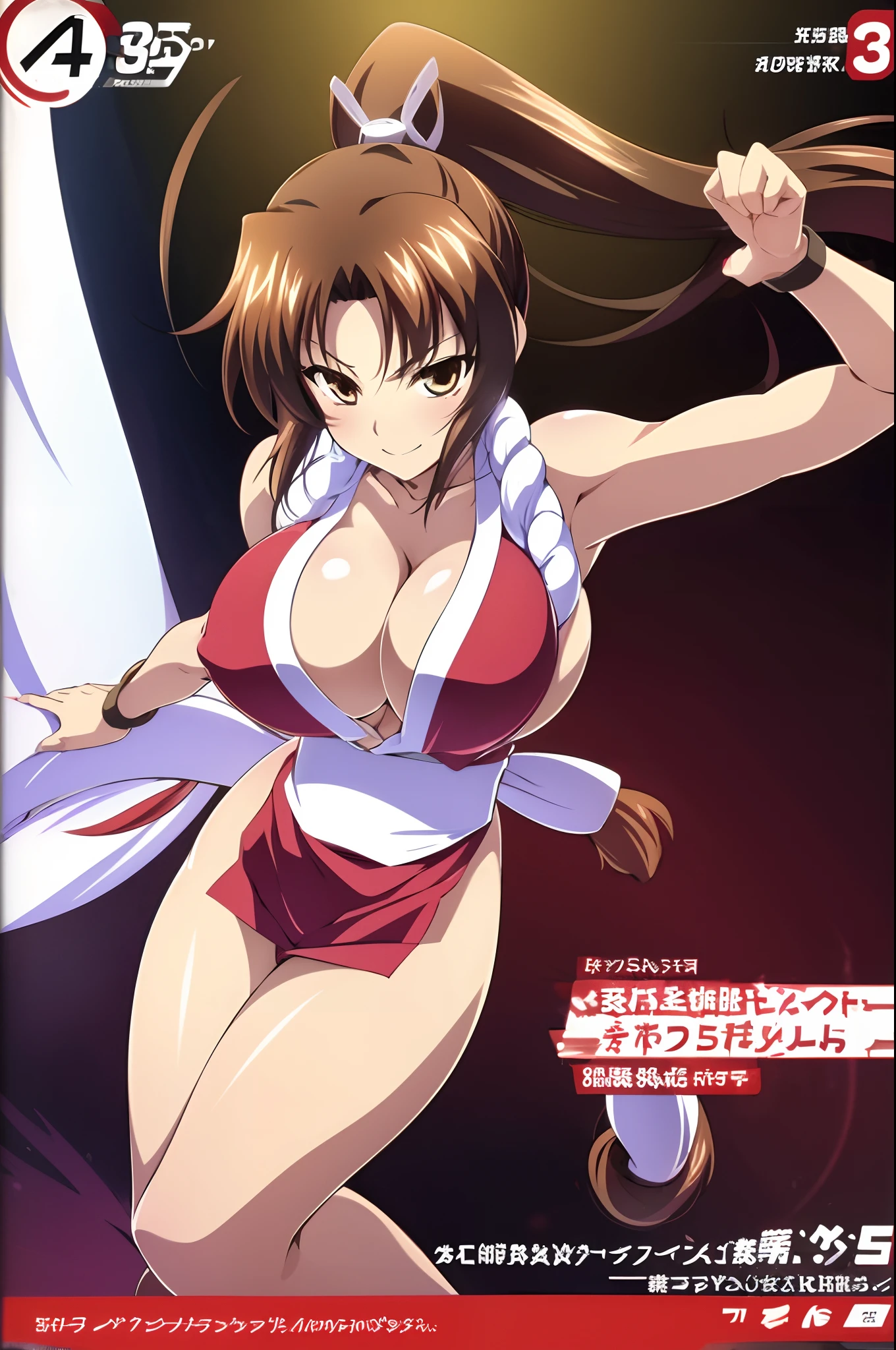 ((mai shiranui)),((straight-on)),(Portrait),full bodyesbian,(forest),Simple background,((offcial art)),((Fake screenshots)),(((Anime screencap))),a beauty girl,Slim waist,neat figure,Slender waist,young girl,ninjartist,Long hair,High ponytail,pony tails,brown_Hair/brown_Eyes,top down_Bottom-up,arm support,Blush,Light smile,Beautiful detailed eyes,Eyes visible through hair,Areola_nipslip,Unbuttoned clothes,Side Chest,cleavage,