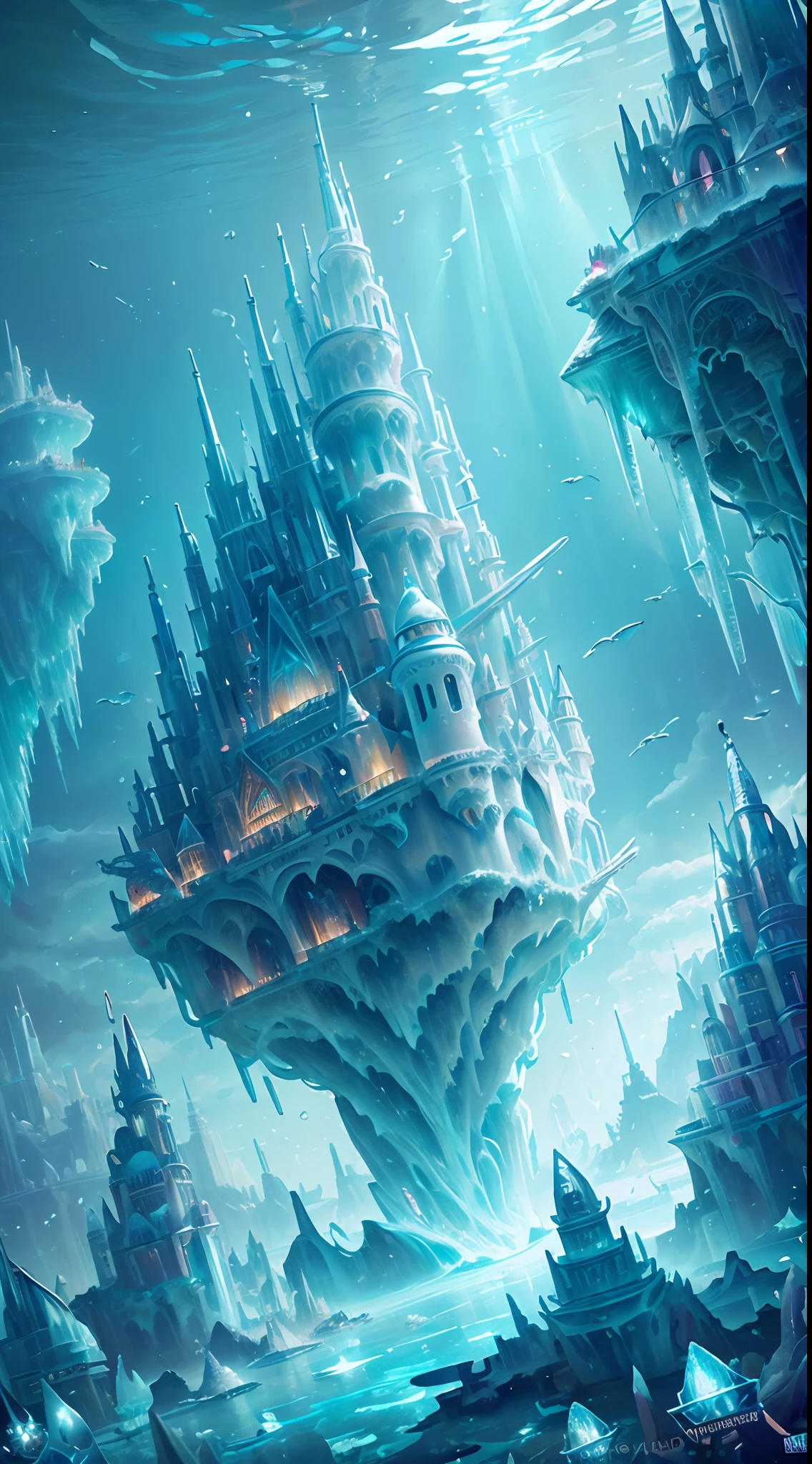 ((Need)), ((tmasterpiece)), (A detailed)),Translucent underwater ice palace,Colorful Atlantis City,Colorful underwater kingdom,Futuristic underwater city,Futuristic technology,Alien technology,Colorful magical sea creatures,marvel universe,Future cyberpunk,Surreal dreams,Surrealist art fantasy style,Epic digital fantasy art style,Art germ, Broken glass, ((bubbly underwater scenery)) ,Radiant light octane rendering is highly detailed