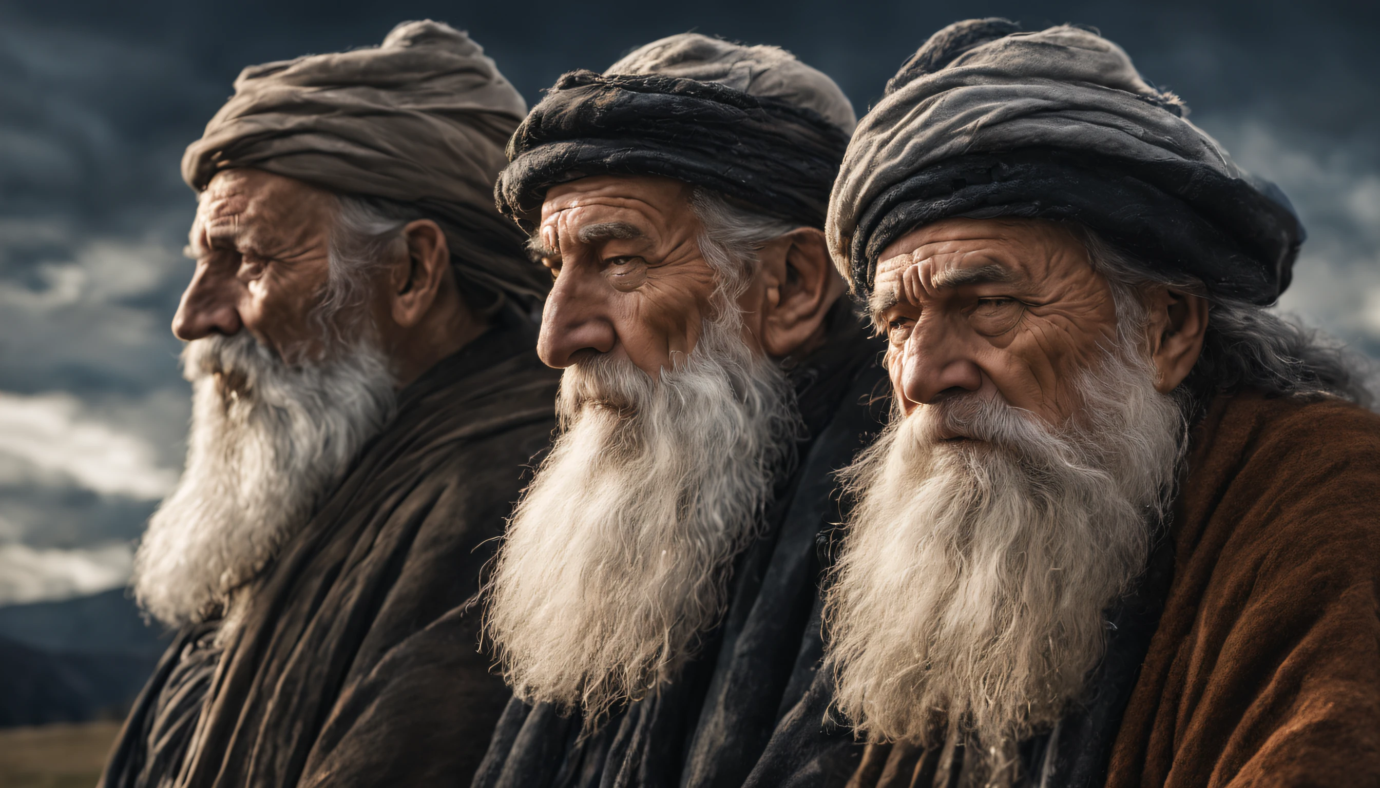 Three prophets Old men, long white beard, in profile, dark landscape, biblicalphotorealistic, 8k, super detail, accurate, best quality.