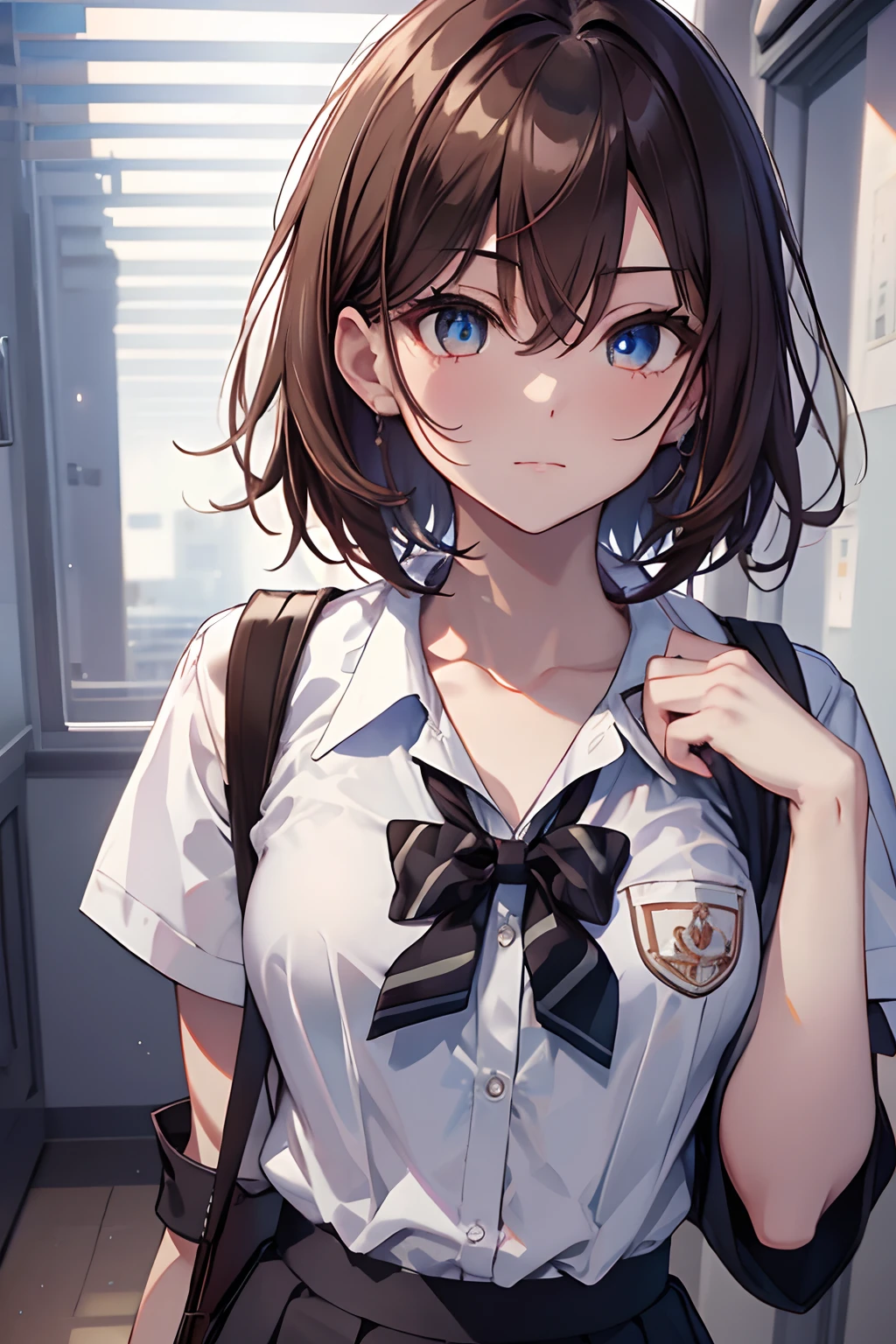 tmasterpiece, best qualityer, Misaka_mikoto, with brown eye, short_Hair, small_breast enhancement, looking at viewert, 独奏, Closed_Mouth, collars_shirt, school_uniform, Shirts, whited_shirt, , class room　full bodied　Miniskirts,Best quality, high resolution, Unity 8k wallpaper, (illustration:0.8), (Beautiful detailed eyes:1.6), Extremely detailed face, Perfect lighting, Extremely detailed CG, (Perfect hands, Perfect anatomy),