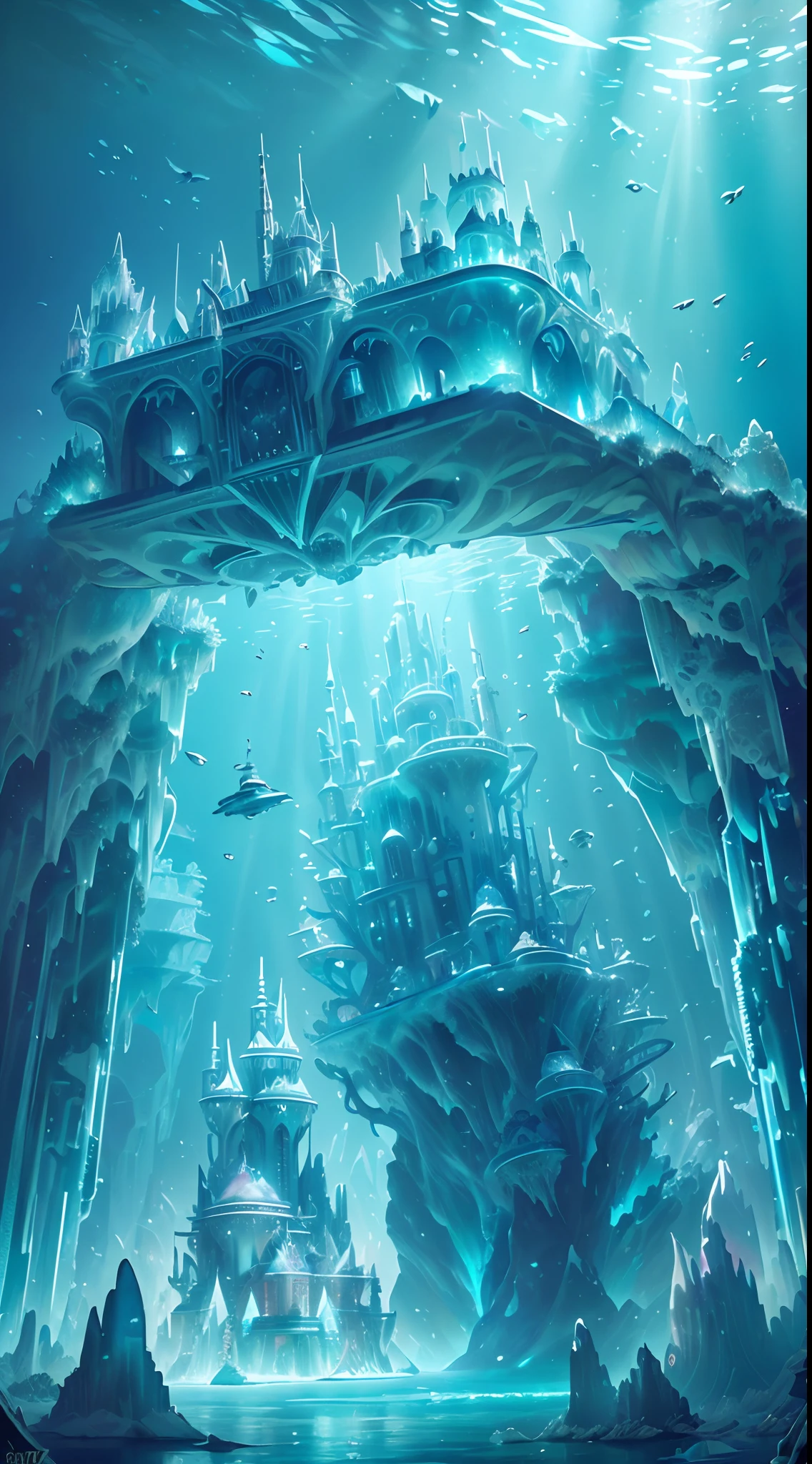 ((Need)), ((tmasterpiece)), (A detailed))，Translucent underwater ice palace，Colorful Atlantis City，Colorful underwater kingdom，Futuristic underwater city，Futuristic technology，Alien technology，Colorful magical sea creatures，marvel universe，Future cyberpunk，Surreal dreams，Surrealist art fantasy style，Epic digital fantasy art style，Art germ, Broken glass, ((bubbly underwater scenery)) ，Radiant light octane rendering is highly detailed