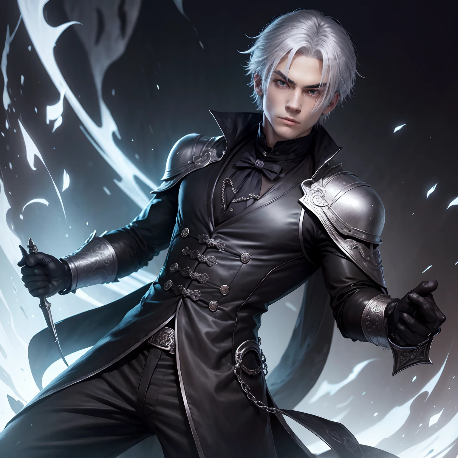 A young man with silver hair, dark clothes, ninja, victorian style