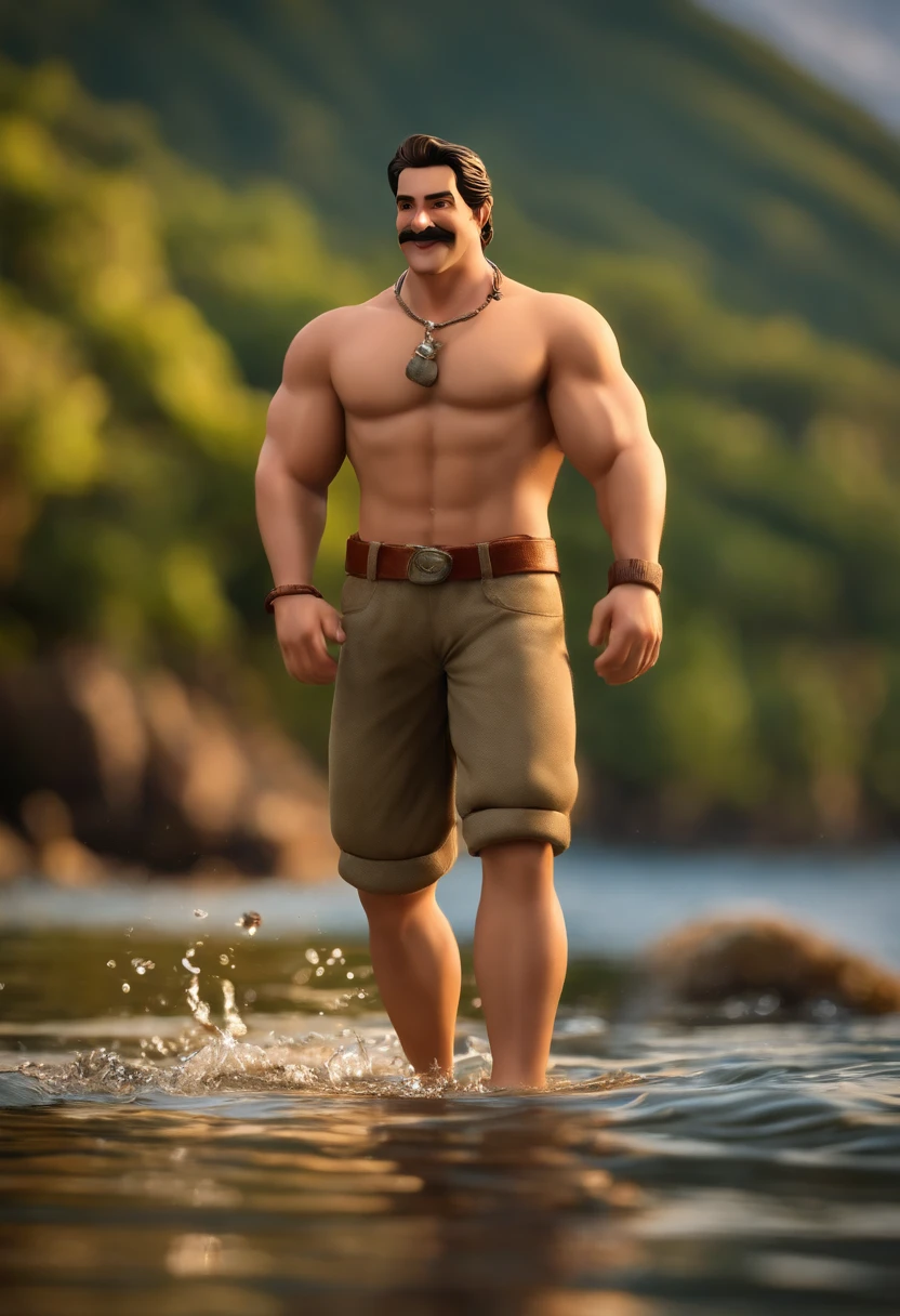 qualidade de imagem do filme,bigode, style of disney animation,Disney animated films,A fat uncle swims in the sea with a koi in his arms,cabelo curto e detalhado,Denim suspenders,Bare feet,profundidade de campos,Luz alta,luz real,Traching de raias,oc renderizado,hyper-realistic,melhor qualidade,8k,Obras de mestres,super-fino,pelos pubianos detalhados,anatomia correta,sharp focus on eyes,Bokeh,Facial features are carefully described,Close-up