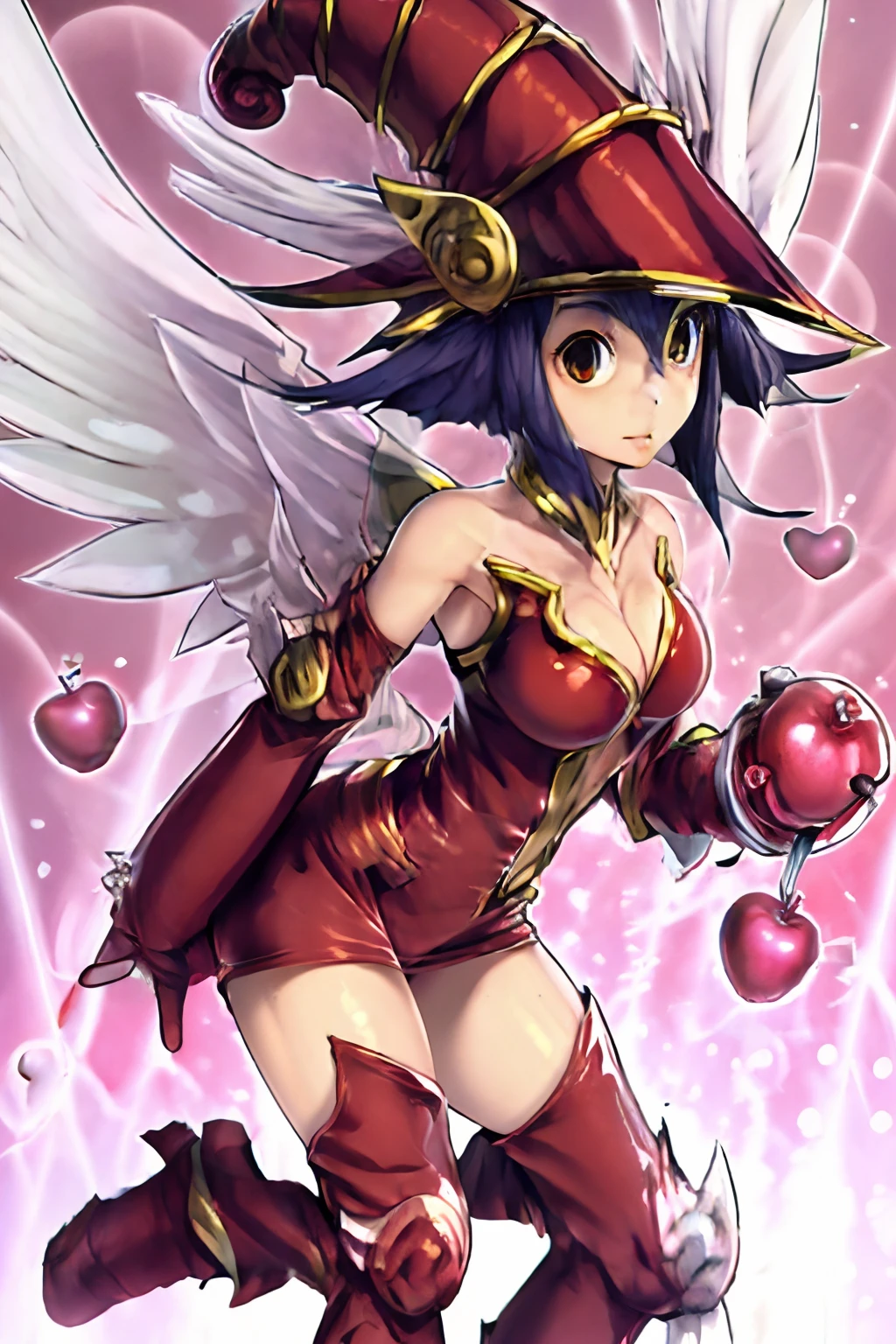 Hermosa Apple magician girl (obra maestra: 1.2, La mejor calidad), (1 , solamente), grandes senos, (Dynamic posture), (piel brillante, crimson red skin), crimson red skin, Apple magician girl Demon Version Sezy, piel roja, Guantes finos y de encaje, ( small demonic horns:1.1), (Lilith \(Darkstalkers\)), (cielo), fleco, (jewely, Adorno dorado:1.15 ), pelvis grande, azul (pantys:1.1) Apple magician girl Sexy Demon Version. Magic circle and magic hearts