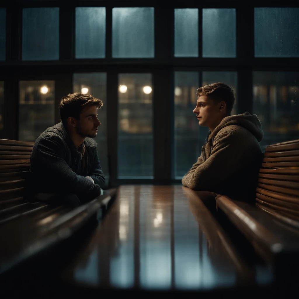 two young man's sitting on benches in a library talking, next to a window, heavy rain outside, night