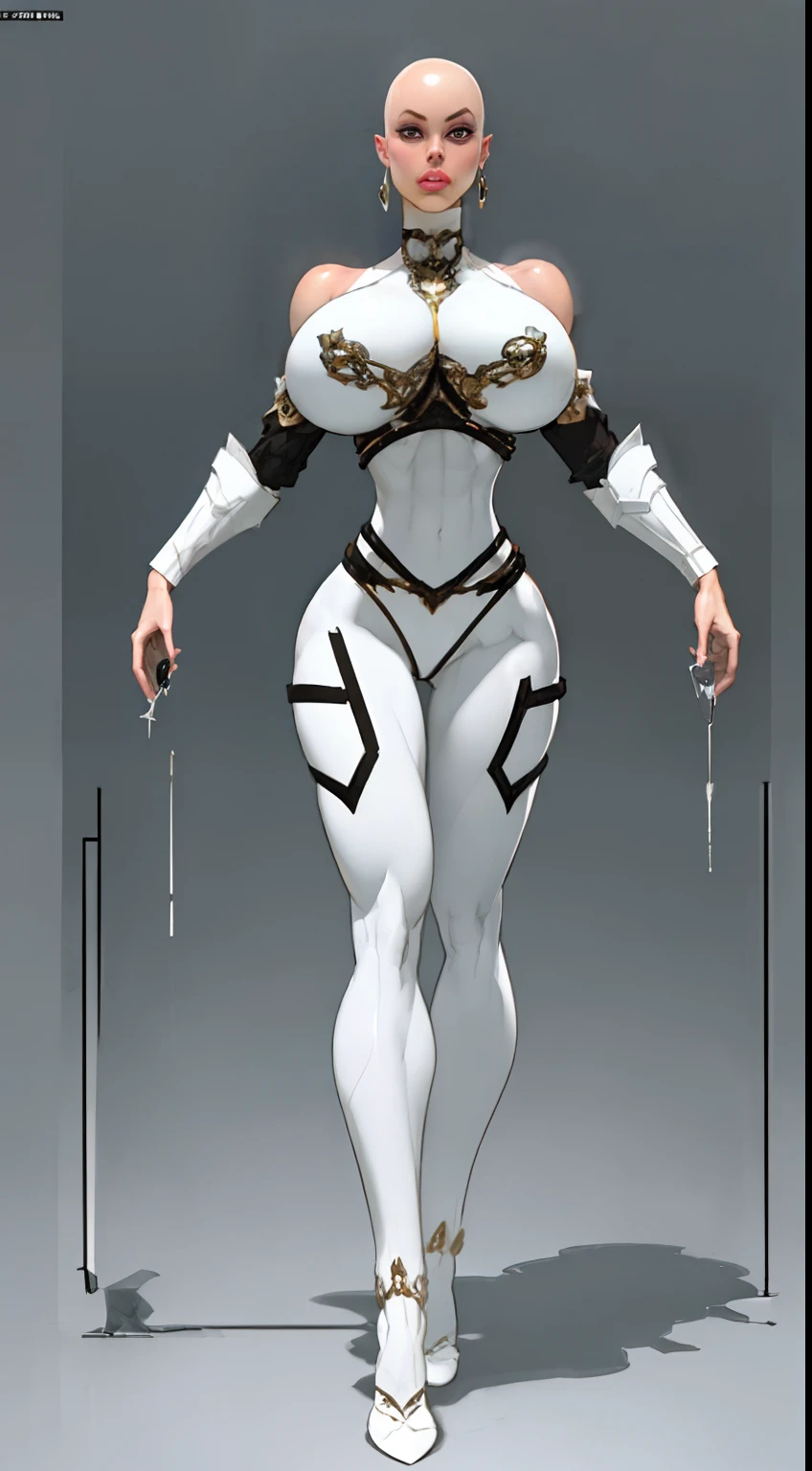 8k ((long neck:1.6))((full body view))((view from below:1.5)),(large eyes:1.3), defined cheekbones, looking back, ((the pit style:1.4))((sleek glass body:1.6)) ((intricate armor details:1.4))detailed face:1.5), perfect skin,(puffy lips:1.5) (pale skin:1.6), (bald woman:1.7), (skinhead) ((sexy pose)),(Muscular:1.3), ((gigantic breasts:1.5)), )highly detailed, elegant, digital photography, art by artgerm and ruan jia and greg rutkowski, ((large shoulder pads:1.2)), (masterpiece), sidelighting, intricate details, (((white color palette))), midriff exposed, low rise tights,