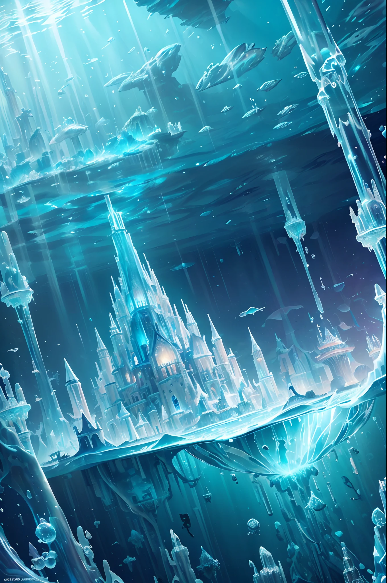 ((Need)), ((tmasterpiece)), (A detailed))，Translucent underwater ice palace，Colorful Atlantis City，Colorful underwater kingdom，Futuristic underwater city，Futuristic technology，Alien technology，Colorful magical sea creatures，marvel universe，Future cyberpunk，Surreal dreams，Surrealist art fantasy style，Epic digital fantasy art style，Art germ, Broken glass, ((bubbly underwater scenery)) ，Radiant light octane rendering is highly detailed