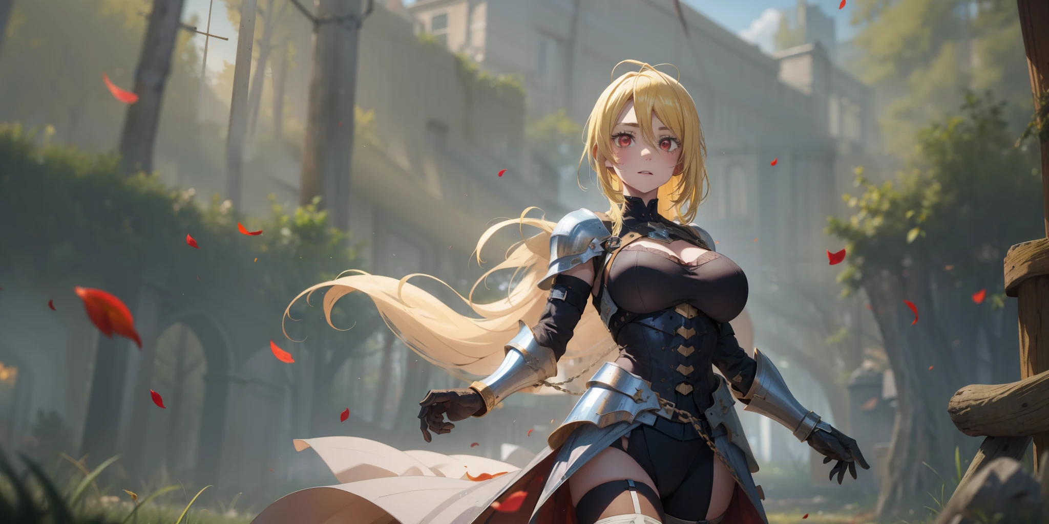 (blonde hair:1.7), red eyes, glowing eyes, masterpiece, best quality, (highres:1.4), (sagging breasts:1.4), hollow eyes, sweating, smirk, upper teeth, looking at viewer, petals, 1girl, thighhighs, armor, breasts,solo, chain, gauntlets, looking_at_viewer, armored_dress, large_breasts, rose_petals, holding, flag, glow effects, godrays, Hand drawn, render, 8k, octane render, cinema 4d, blender, dark, atmospheric 4k ultra detailed, cinematic, Sharp focus, big depth of field, Masterpiece, colors, 3d octane render, 4k, concept art, trending on artstation, hyperrealistic, Vivid colors, extremely detailed CG unity 8k wallpaper, trending on CGSociety, Intricate, High Detail, dramatic