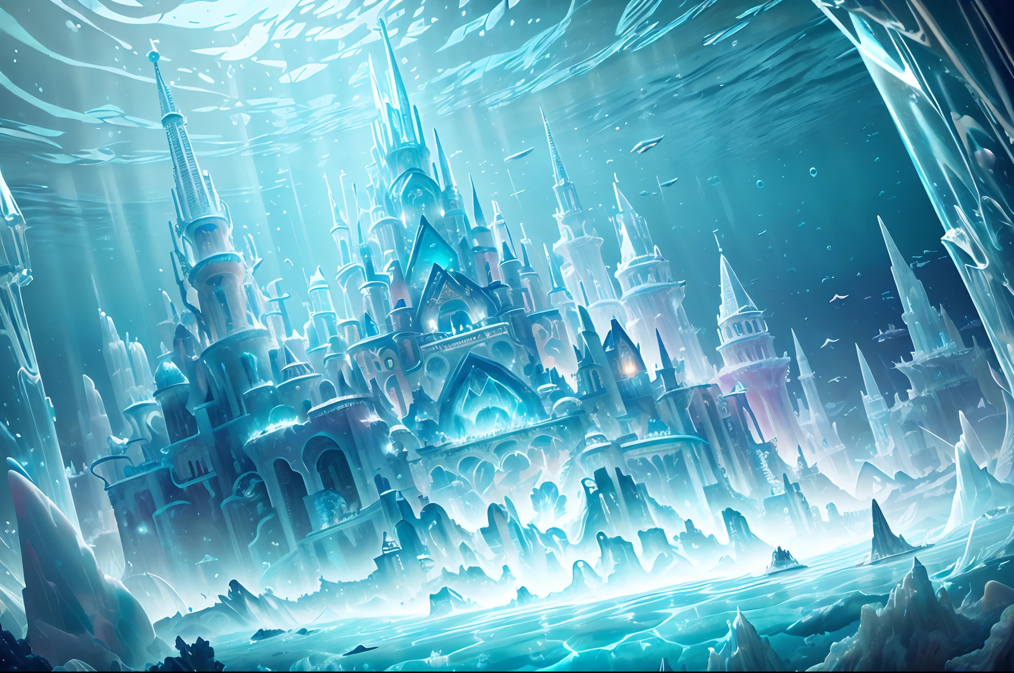 ((Need)), ((tmasterpiece)), (A detailed)),Translucent underwater ice palace,Colorful Atlantis City,Colorful underwater kingdom,Futuristic underwater city,Futuristic technology,Alien technology,Colorful magical sea creatures,marvel universe,Future cyberpunk,Surreal dreams,Surrealist art fantasy style,Epic digital fantasy art style,Art germ, Broken glass, ((bubbly underwater scenery)) ,Radiant light octane rendering is highly detailed
