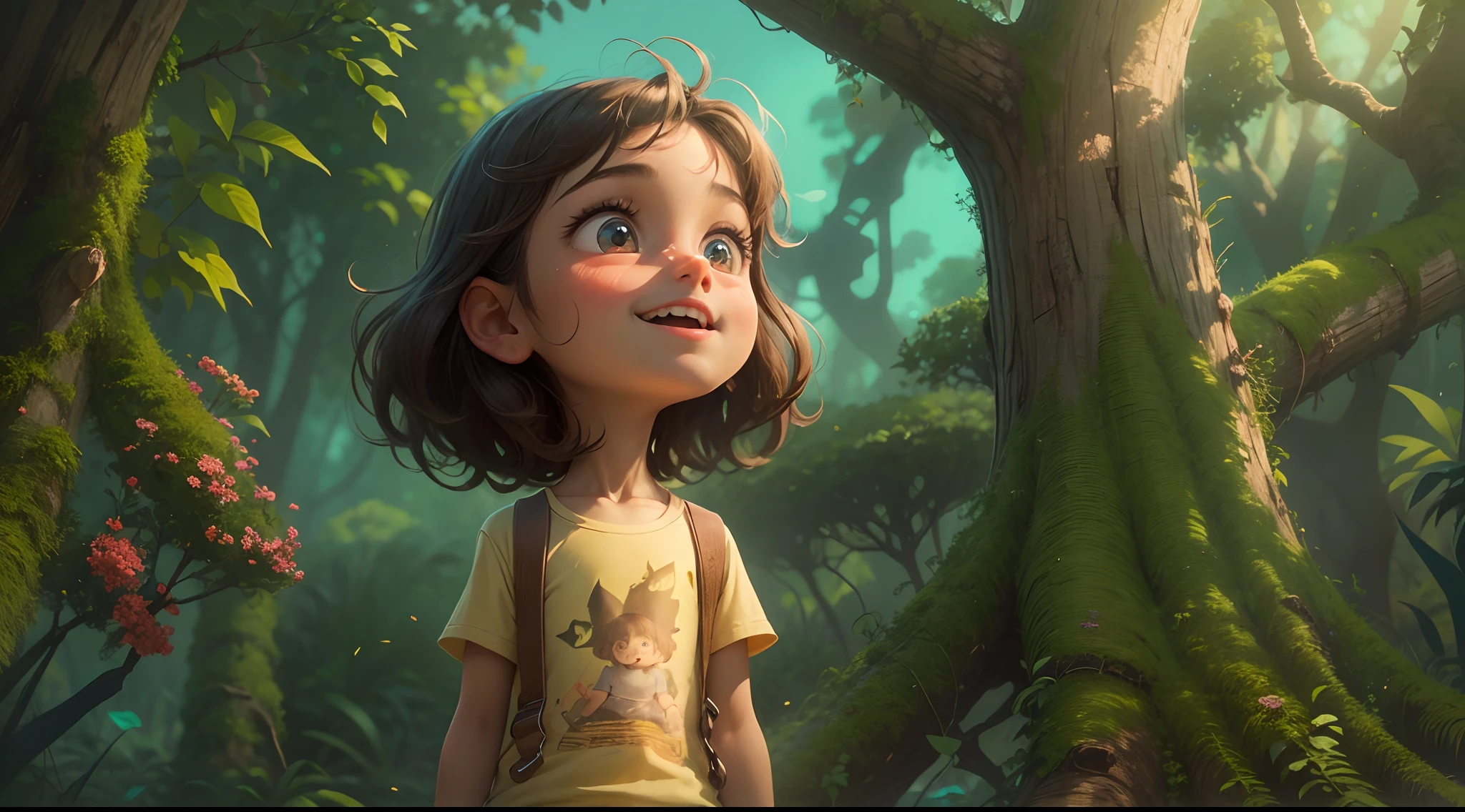 An up-close view of Sophia, The protagonist of the story. She's a curious girl, com cabelos castanhos e olhos brilhantes. Sophia is wearing simple clothes, como uma camiseta e shorts, and has a look of surprise and awe on his face as he explores the enchanted forest. She must be standing in front of a glowing tree, com um sorriso no rosto. The illustration is a high-definition illustration in 4K resolution with highly detailed face features and cartoon-style visuals.