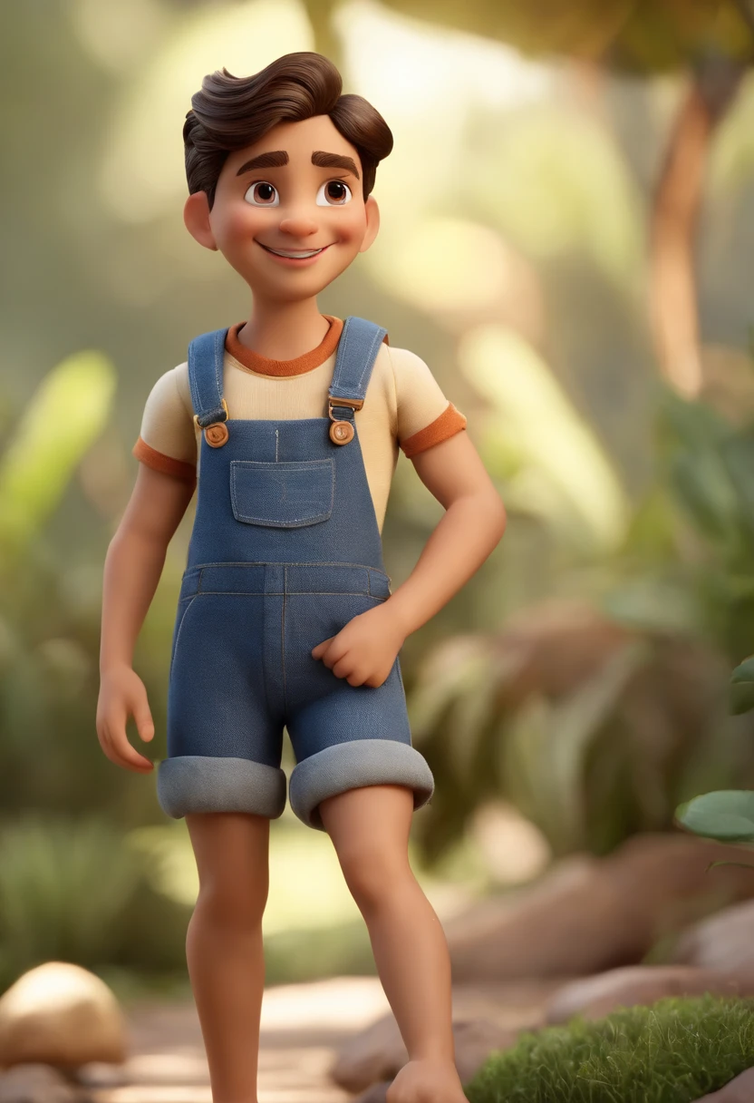 A -6 year-old boy standing in a garden, black hair, brown eyes, white t-shirt, blue shorts, feliz, feliz, qualidade perfeita, foco claro (Detalhes intrincados) (8K) (Detalhe Olho) (foco nítido), (Feliz) correndo dentro do jardim. play chess forest
