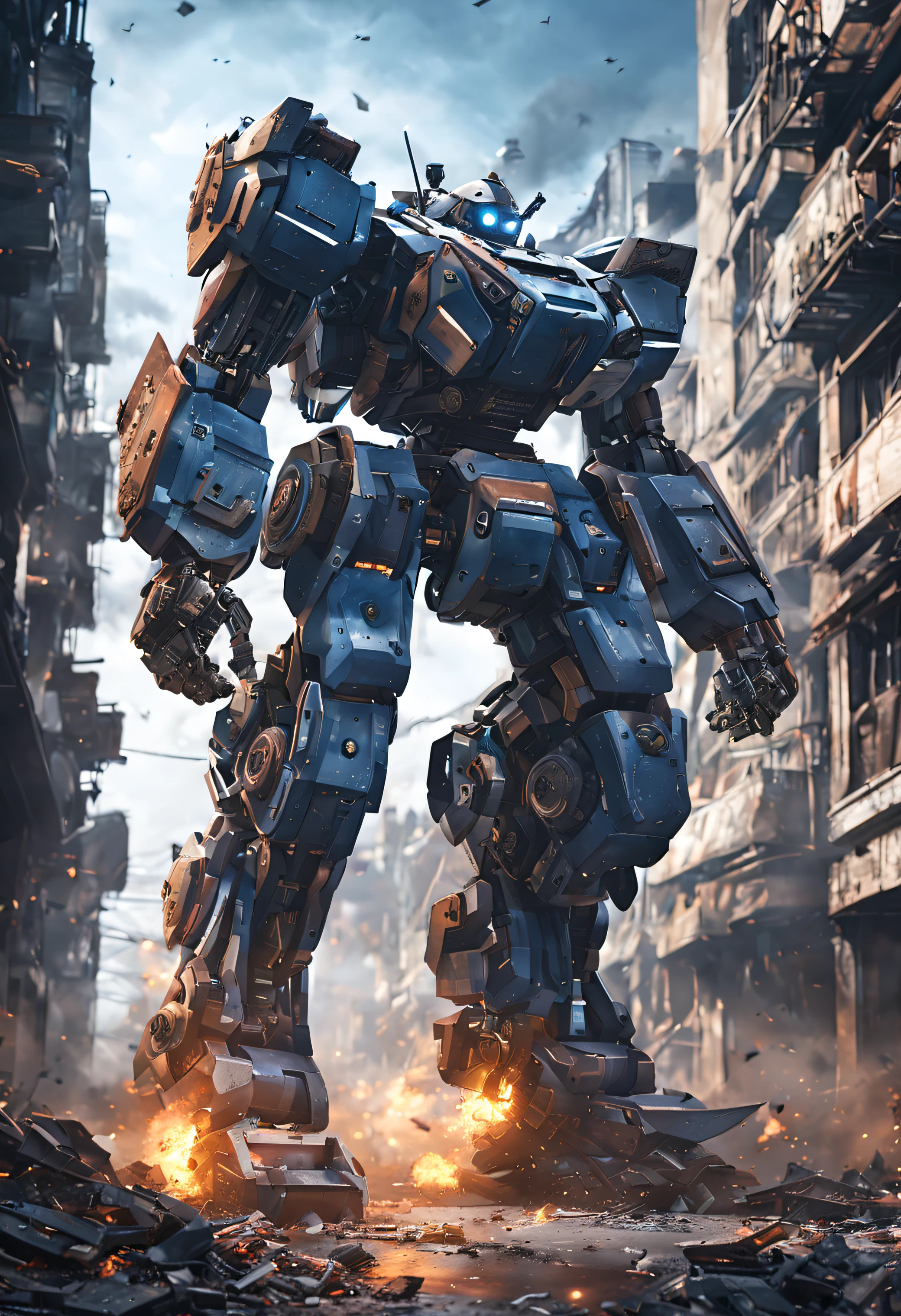 (a robot standing in the street ,armored core style mecha,High quality digital concept art,large mecha robot,an armored core on the ground,war mech,Full body mech,blue sky on background),(best quality,4k,8k,highres,masterpiece:1.2),ultra-detailed,(realistic,photorealistic,photo-realistic:1.37),concept art,robot on fire in street,digital illustration,high-tech robot,massive war machine,mechanical design,destructive power,robotic exoskeleton,advanced weaponry,apocalyptic scene,ruined cityscape,epic battle scene,sparks and flames,futuristic technology,fine details on armor,visible mechanical gears and pistons,dramatic lighting and shadows,battle-worn and damaged,smoke and debris,sharp focus,explosions and chaos,high-contrast color palette,ominous atmosphere,foreboding sky,city in ruins,action-packed composition,immersive perspective,breathtaking visuals