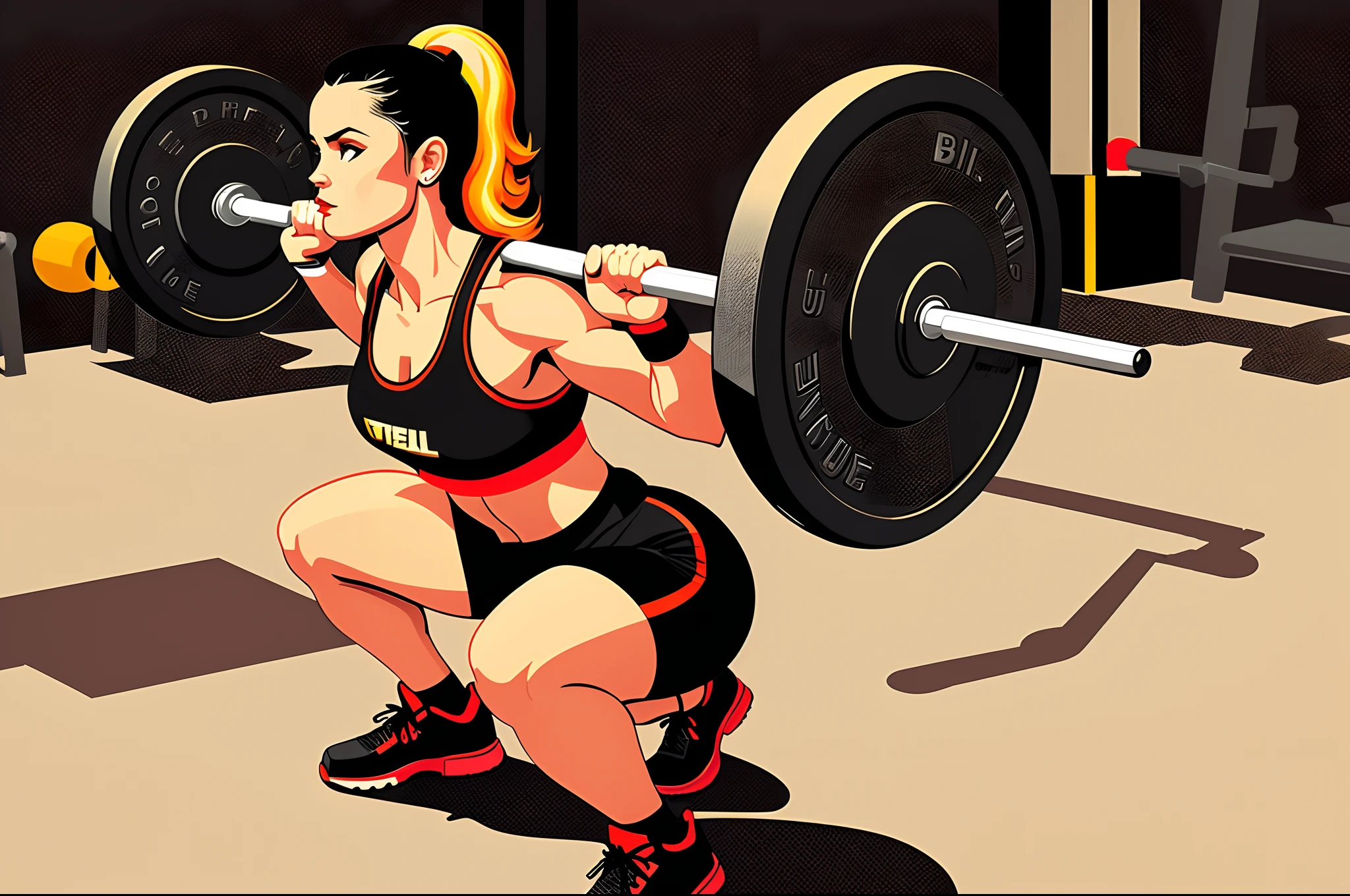a woman squatting down with a barbell in her hand, squatting down, lifting weights, squatting down pose, strong legs, thrusters, slow body, body is strong and upright, strong bodie, woman strong, fit woman, apta, working outside, curvy crossfit build, bodybuilder woman, sturdy body, succeed, steroid use, knees weak, parte inferior das costas