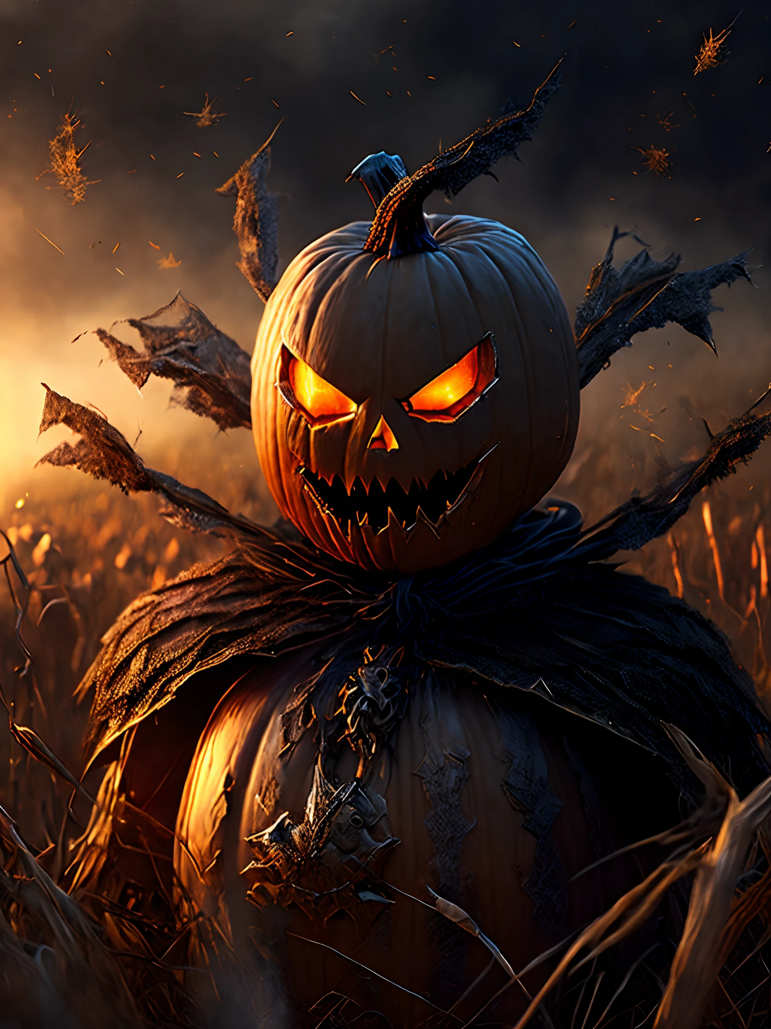 Close-up ( Scarecrow pumpkin head from Marvel in Goth style: 1.3) emerging from the dry Cornfield, extremely detailed, smoke, sparks, metal shavings, flying debris, volumetric light