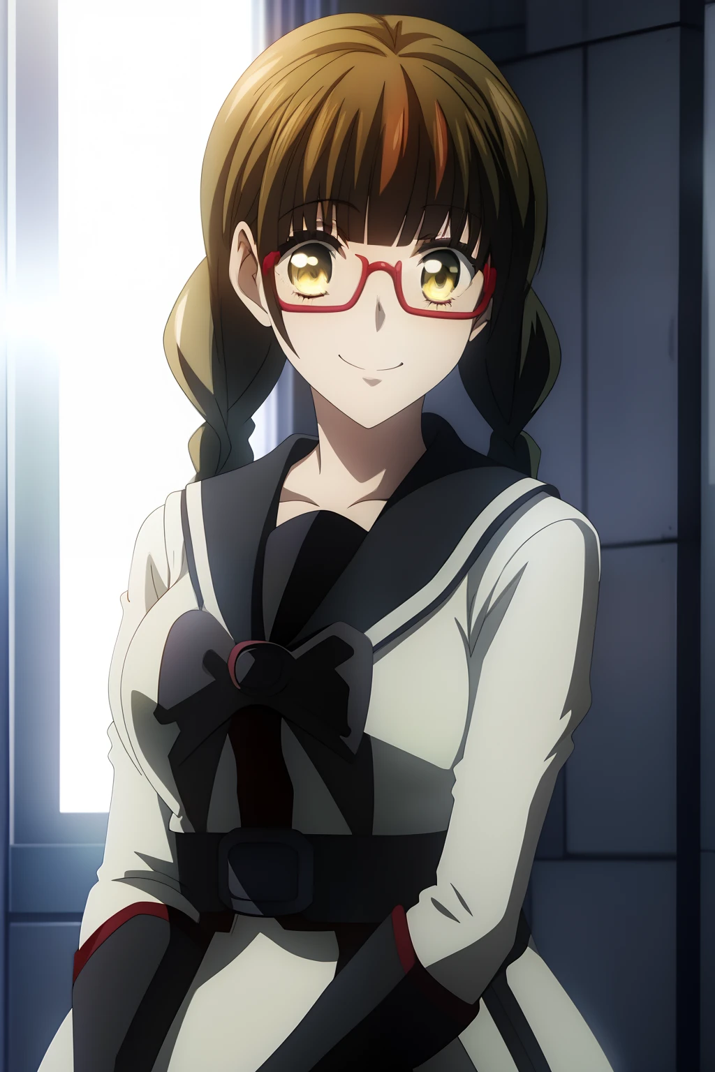 1girl, masterpice, high quality, best quality, good anime picture, misaki, ((school uniform)), ((serafuku)), twin braids, ((collar)), hair ornament, upper body, big breasts, dynamic light and shadows, smile, (adjusting eyewear:1.2), multicolor outfit,