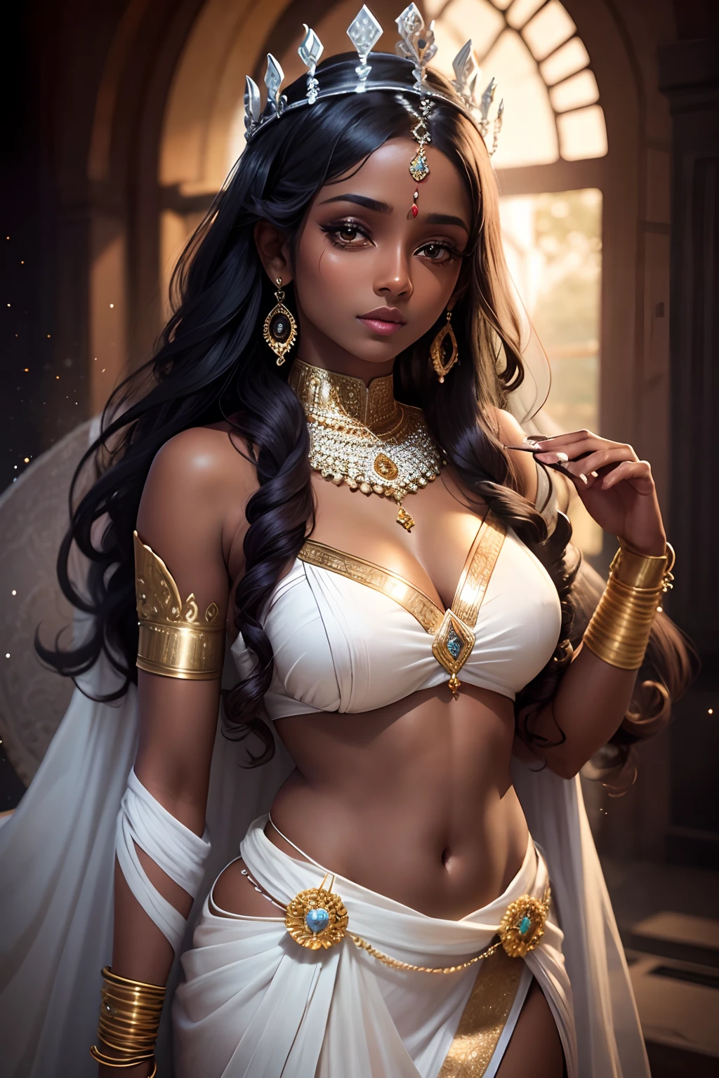 a south indian dark skinned woman, goddess, wearing white satin out with a detailed crown, glow, magical glittering