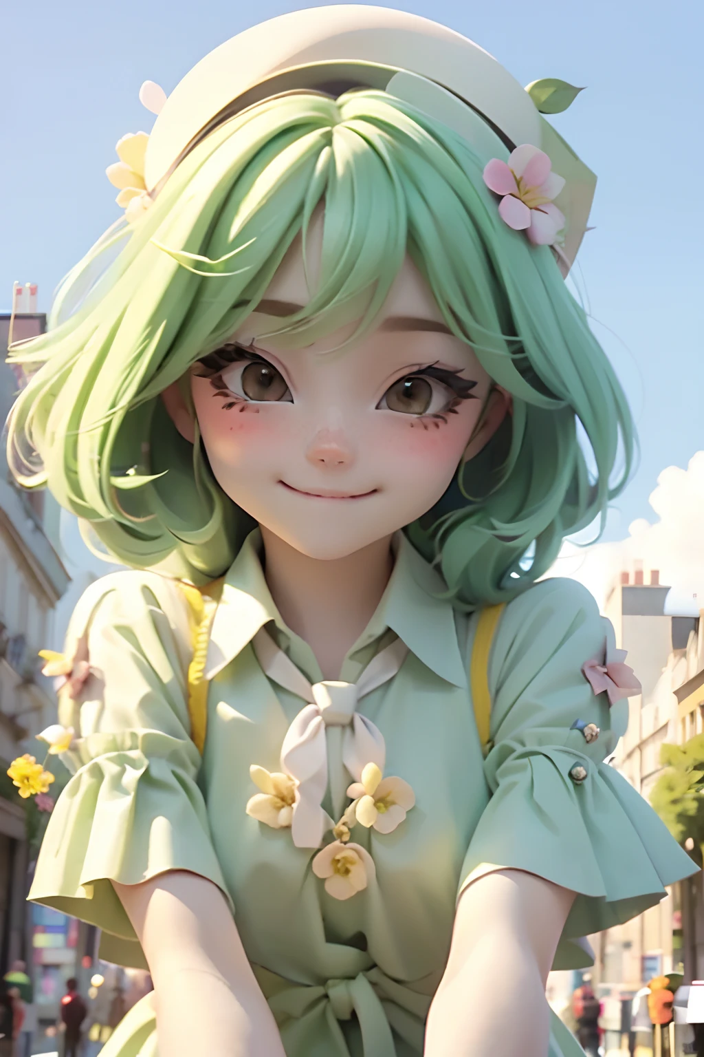 lolli girl in princess long lime green dress with flower style, green lime hair. cute smile , cap, cute ribbons, necktie, paris city street with nice view background