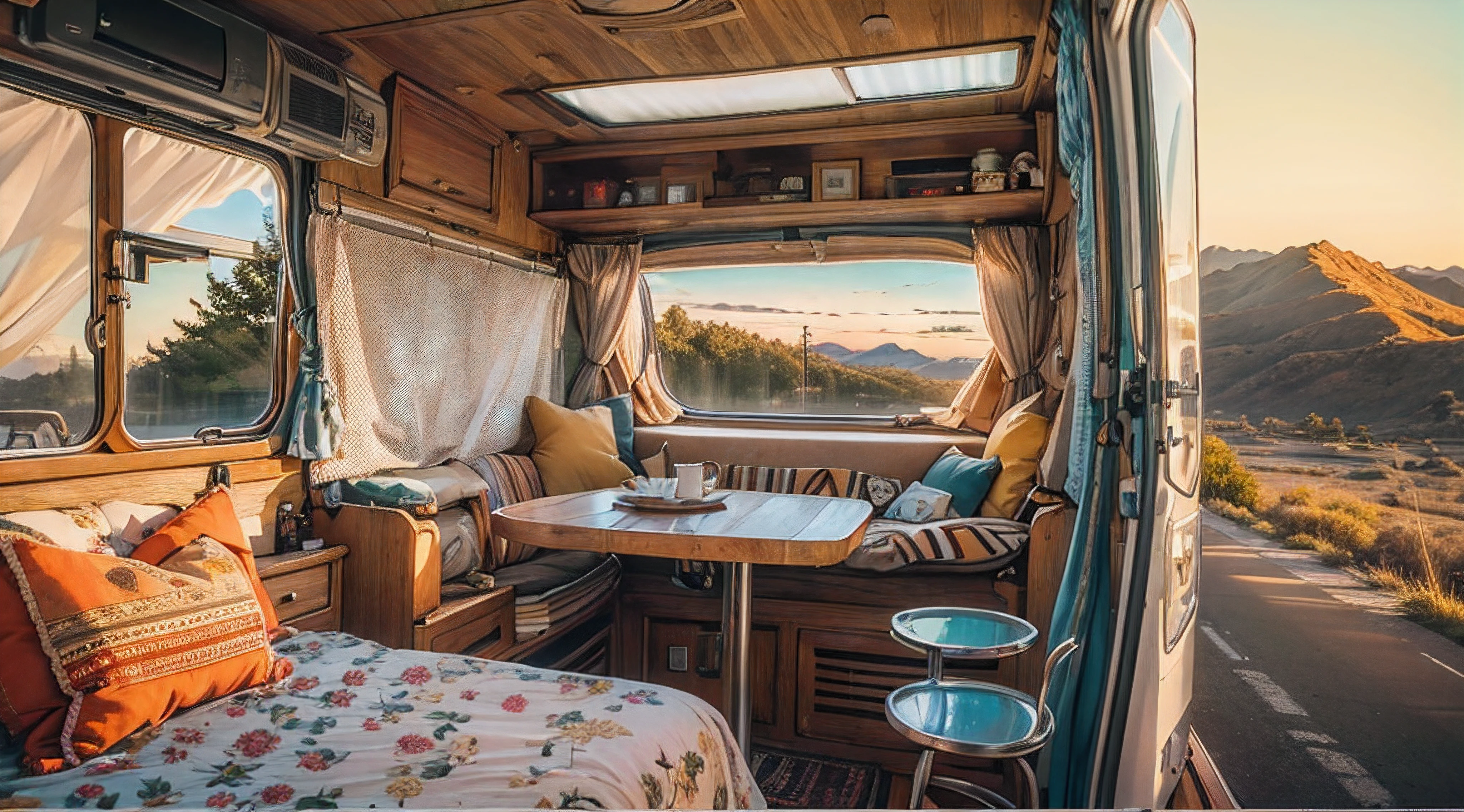 best quality, ultra-detailed, realistic,high-res, photo-realistic:1.37, motor home, traveling scene, colorful, daylight, scenic landscape, sunny weather, highway driving, family vacation, big camper vehicle, spacious interior, luxurious amenities, nature exploration, open road, mountain view, adventure, relaxing atmosphere, camping equipment, outdoor activities, cozy seating area, bunk beds, kitchenette, comfortable bed, home away from home, modern design, large windows, retro vibes, stunning sunset, expansive sky, rolling hills, serene environment, road trip memories, lifelong experiences