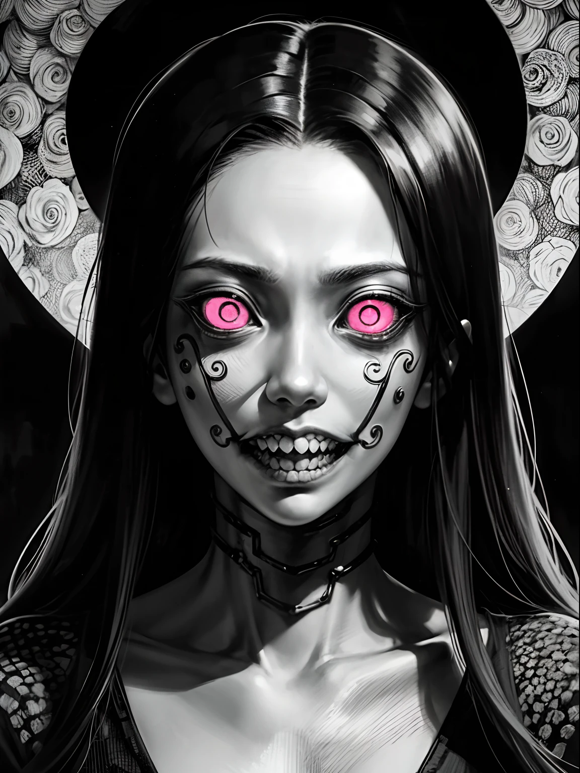 [(Junji Ito:1.5), detailed manga line art illustration of creepy girl, dark, black and white, scared, horrified, terrified, insane, creepy, unsettling, disturbing, (horror manga style), twisted, warped, psychological horror, grotesque, morbid, surreal]