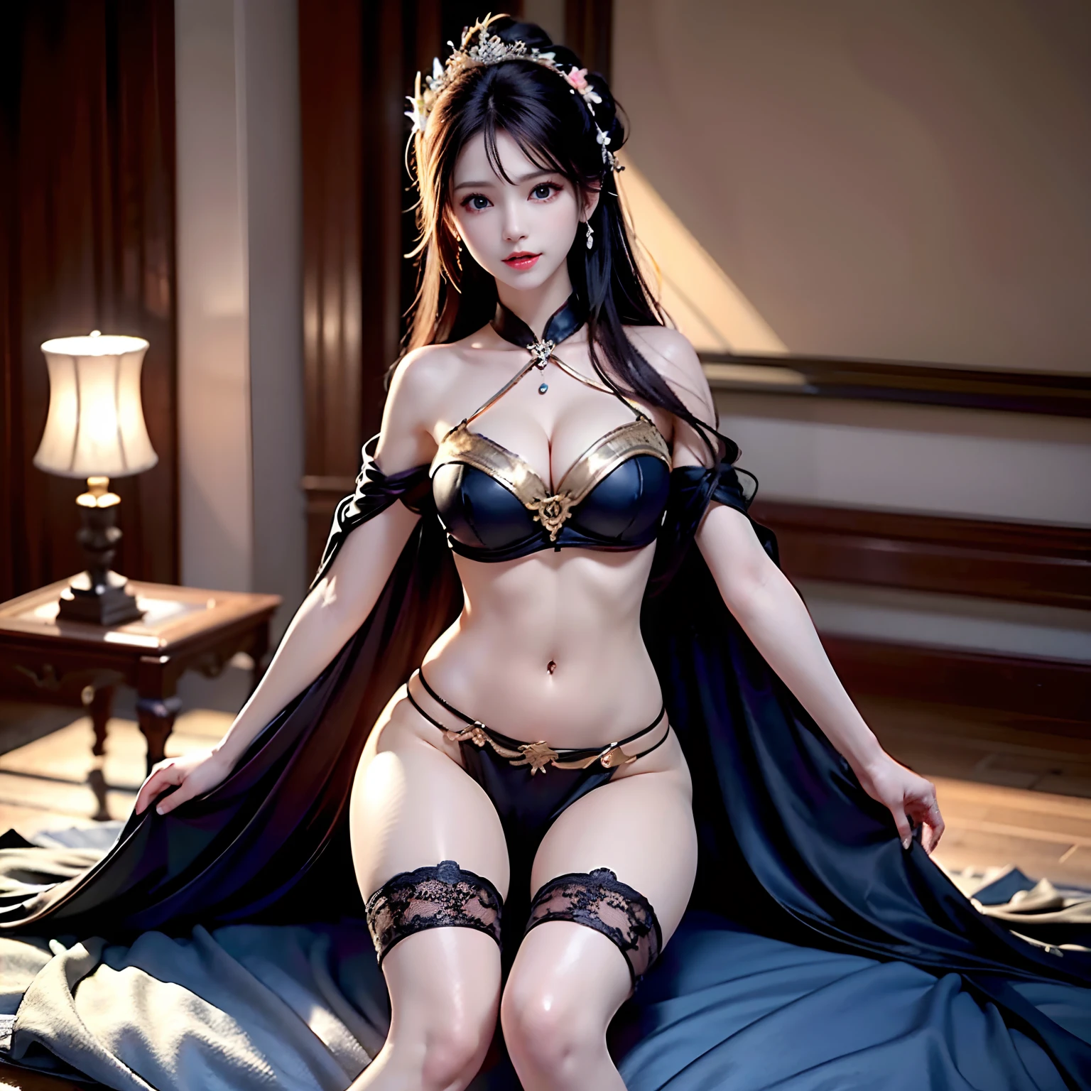 Masterpiece, Best quality, High quality, Extremely detailed CG unites the girls，Spread your legs，sexual expressio，sitting in the couch，face to the viewer，Straight long black hair，Flat lower abdomen，crisp breasts，and wear no underwear，Place your hands behind your back