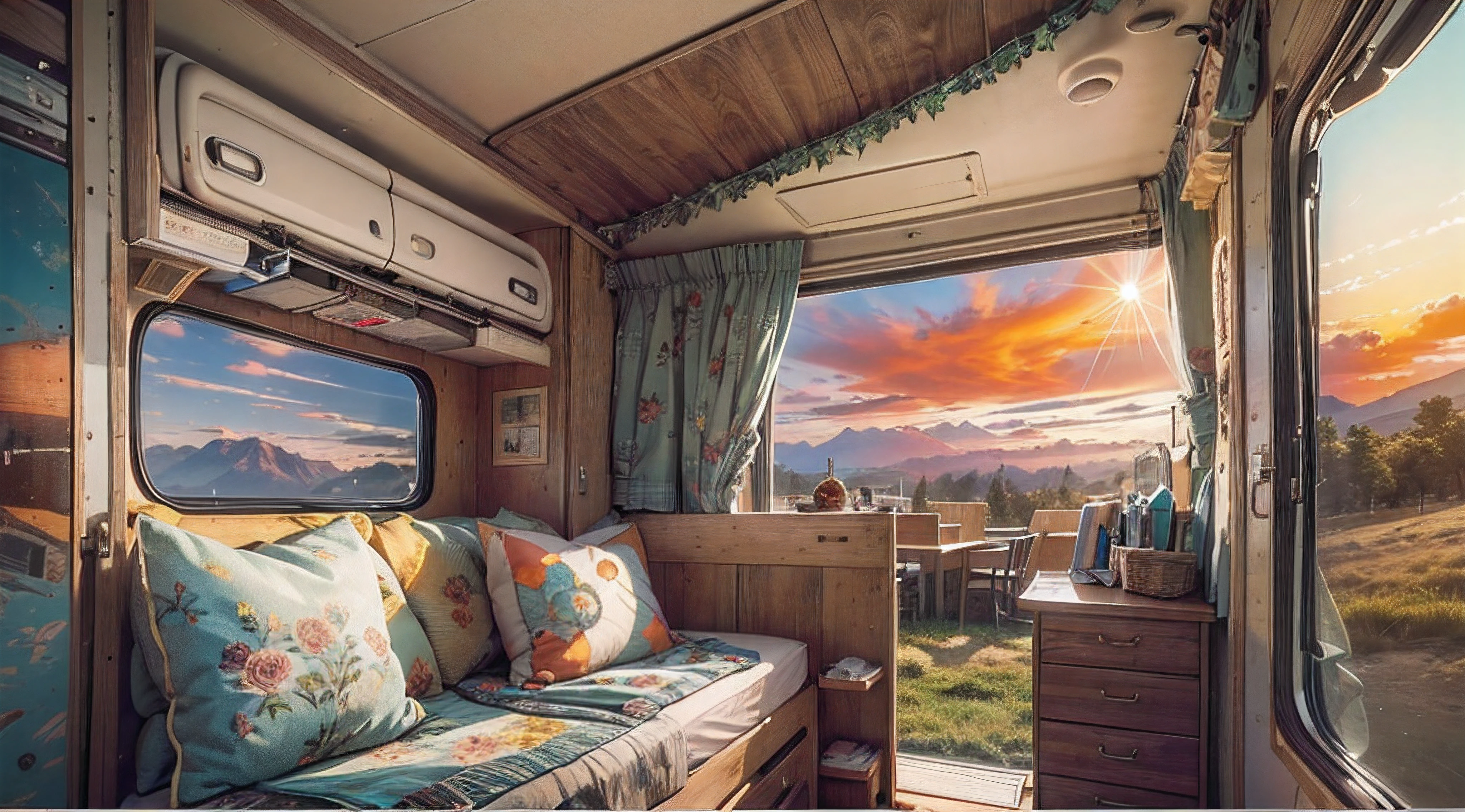 best quality, ultra-detailed, realistic,high-res, photo-realistic:1.37, motor home, traveling scene, colorful, daylight, scenic landscape, sunny weather, highway driving, family vacation, big camper vehicle, spacious interior, luxurious amenities, nature exploration, open road, mountain view, adventure, relaxing atmosphere, camping equipment, outdoor activities, cozy seating area, bunk beds, kitchenette, comfortable bed, home away from home, modern design, large windows, retro vibes, stunning sunset, expansive sky, rolling hills, serene environment, road trip memories, lifelong experiences
