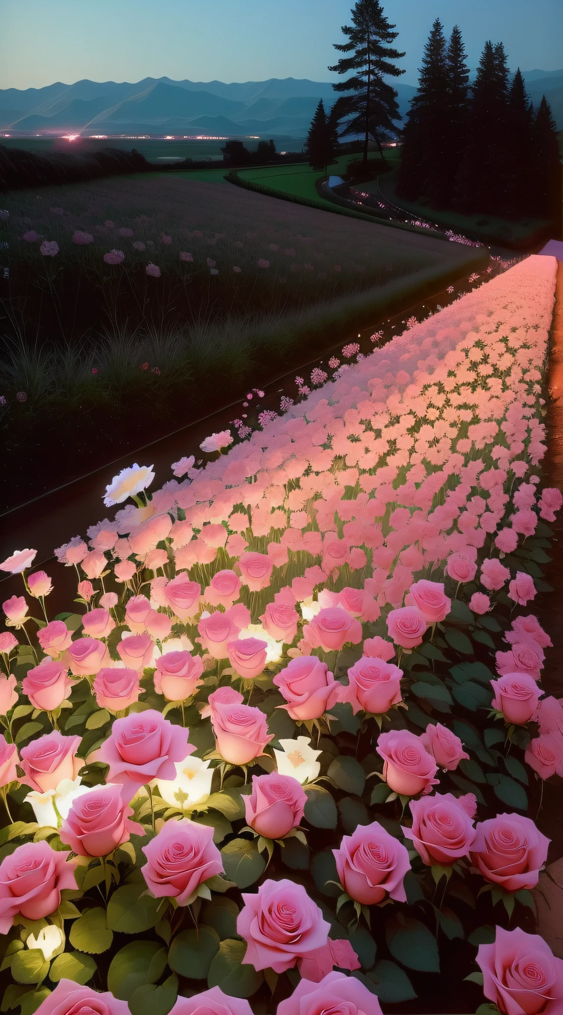 The flowers are illuminated in pink and white rose fields, rose pink lighting, field of flowers at night, Glowing flowers, roses in cinematic light, Rose garden, Many cherry blossom origami roses, beautiful light up, lights with bloom, beautiful aesthetic, Luminous flowers, beautiful flowers growing, rosses, rosette, author：Tadashi Nakayama, Large rose petals, walking down