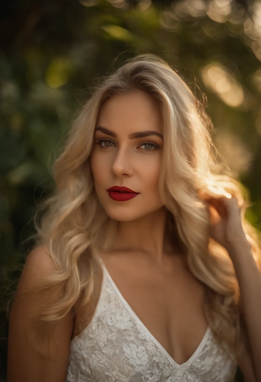 Uma mulher jovem e bonita, blonde hair that falls gently in waves up to the shoulders, altura mediana, olhos grandes e verdes, pele clara, she's in her pyjamas, ela esta em sua cama, fazendo cuidados com a pela antes de dormir, The environment is illuminated with lights of warm and pleasant colors making your hair shine, seu semblante esta naturalmente sereno, lips with red lipstick, Textura 8K, altamente detalhados, realista, soft  Cinematic Light, HDR, sharp fokus, obra-prima, fotorrealista, fotografia premiada, Canon EOS R5, 35 mm