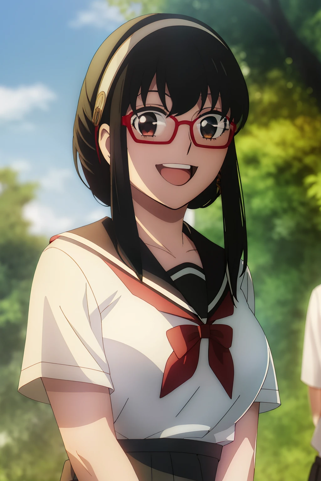 1girl, masterpice, high quality, best quality, good anime picture, misaki, ((school uniform)), ((serafuku)), twin braids, ((collar)), hair ornament, upper body, big breasts, dynamic light and shadows, smile, (adjusting eyewear:1.2), multicolor outfit,