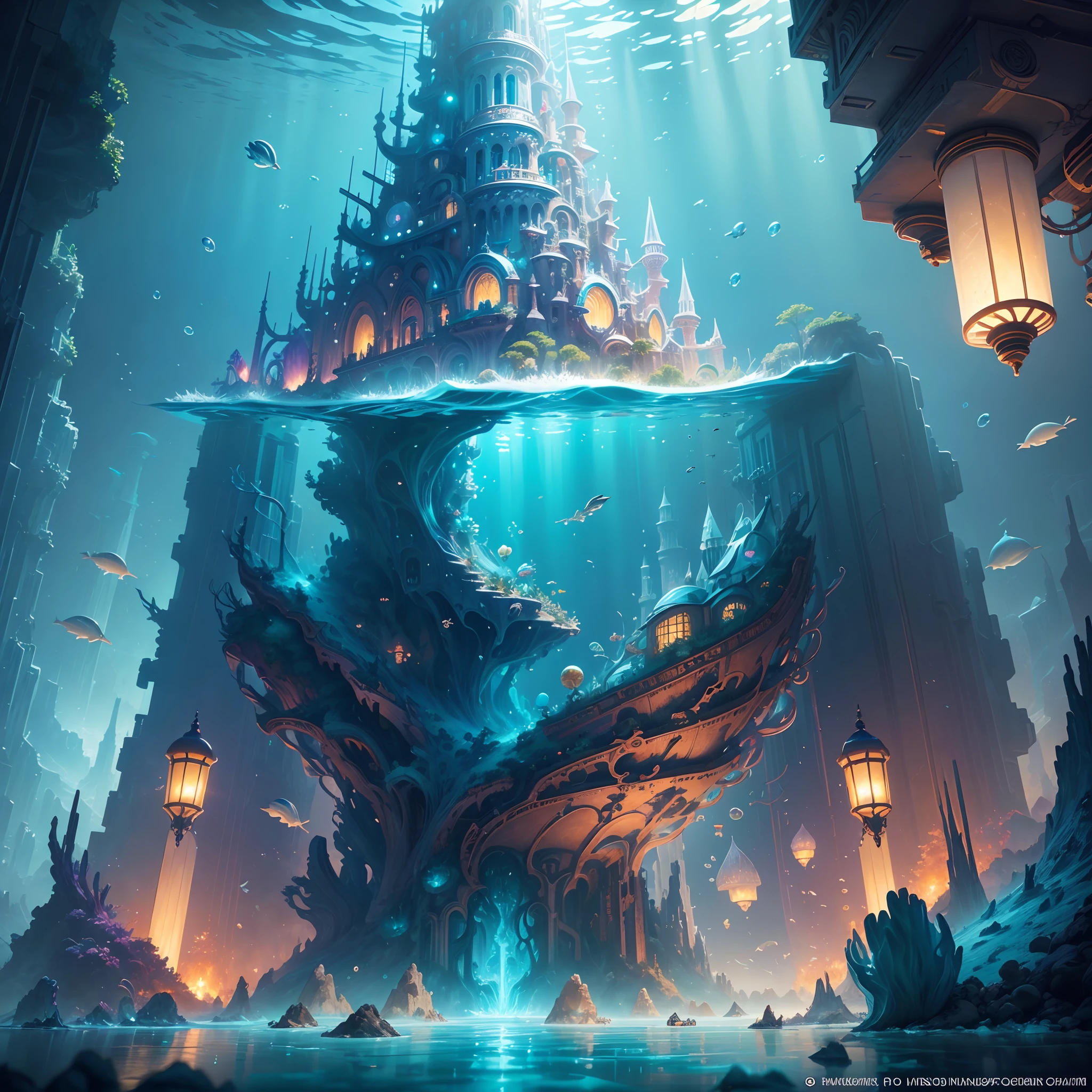 ((Need)), ((tmasterpiece)), (A detailed)),marvel universe,Beautiful city of Atlantis,Colorful underwater kingdom,Futuristic underwater city,Futuristic technology,Alien technology,Amazing sea creatures,Future cyberpunk,Surreal dreams,Surrealist art fantasy style,Epic digital fantasy art style,Art germ, Broken glass, ((bubbly underwater scenery)) Radiant light octane rendering is highly detailed