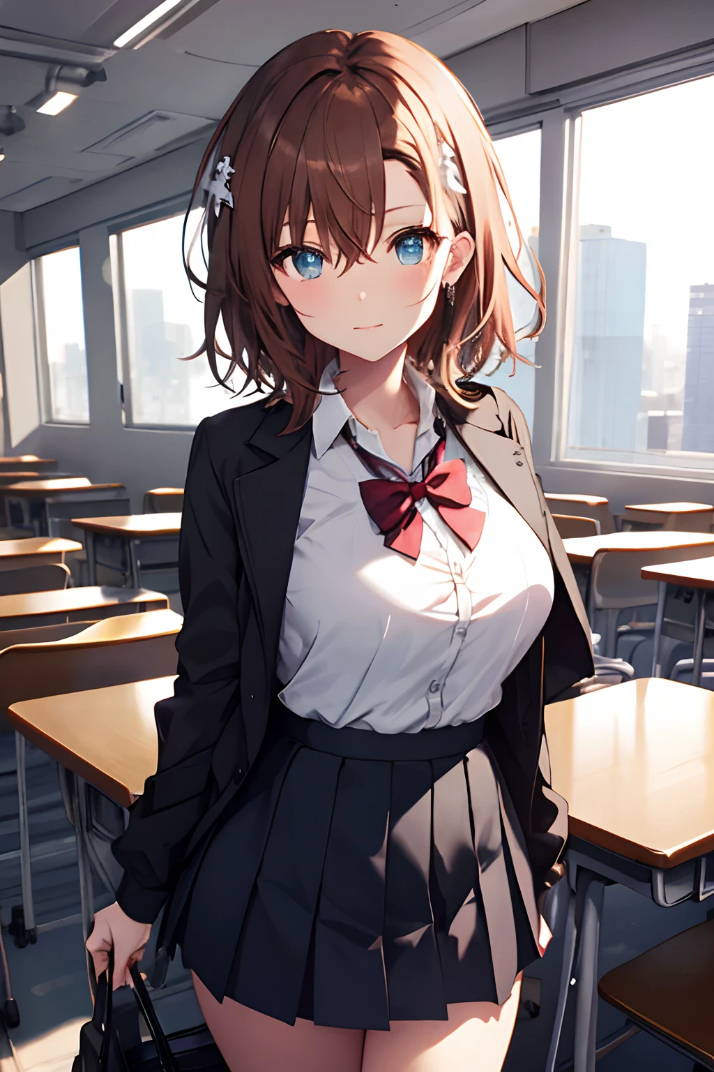 tmasterpiece, best qualityer, Misaka_mikoto, with brown eye, short_Hair, The large_breast enhancement, looking at viewert, 独奏, Closed_Mouth, collars_shirt, school_uniform, Shirts, whited_shirt, , class room　full bodied　Miniskirts,Best quality, high resolution, Unity 8k wallpaper, (Beautiful detailed eyes:1.6), Extremely detailed face, Perfect lighting, Extremely detailed CG, (Perfect hands, Perfect anatomy)