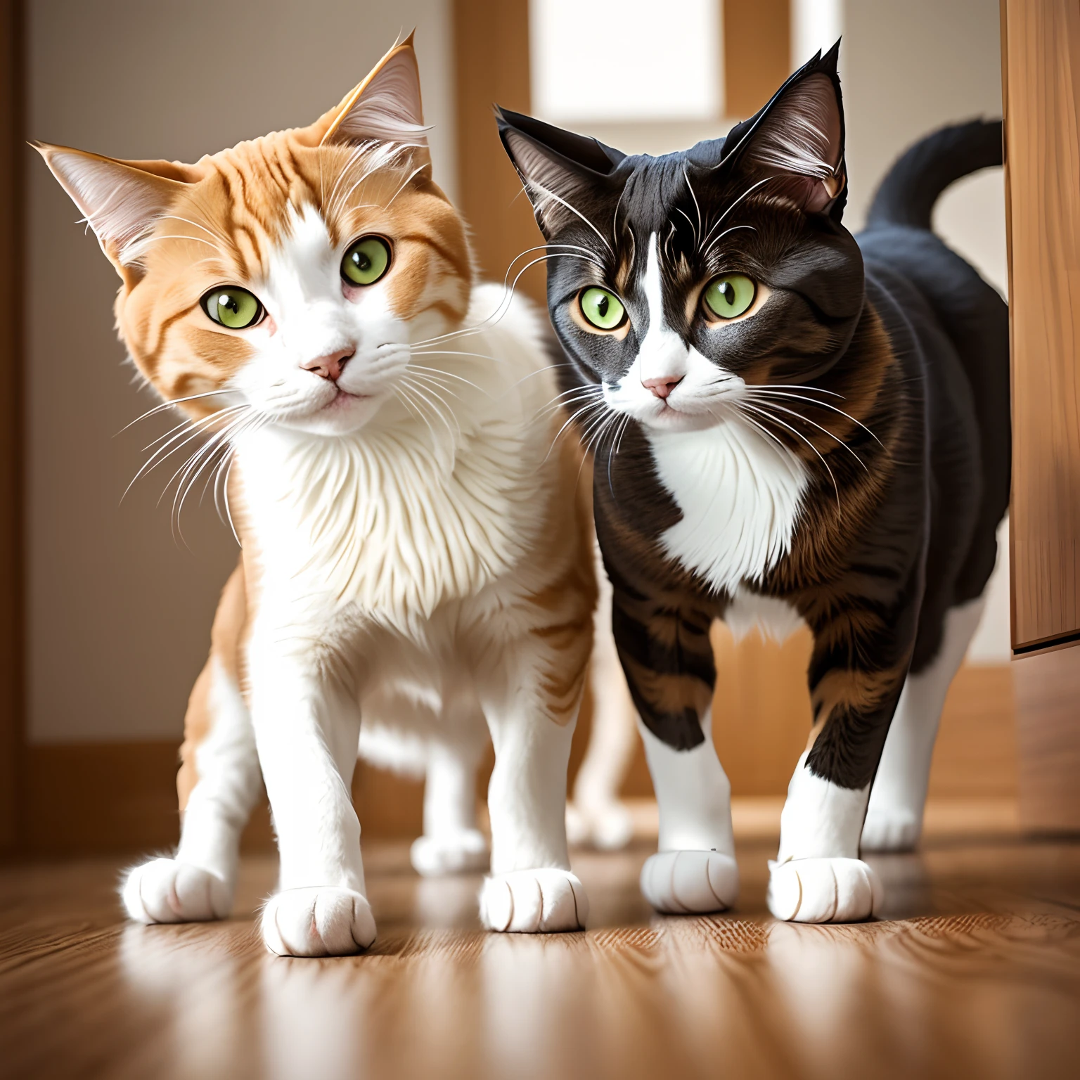 Cat and dog mixing: Playful cat chasing tennis ball, Wagging the dog's tail, Curious cat ears, Fluffy dog fur, Naughty cat eyes, Friendly dog nose, Cat and dog friendship, indoor setting, Vibrant colors, Realistic fur textures, High resolution and fine detail, Soft lighting, The joy of pet owners, Fun atmosphere, Furry companion, cozy home. [Cat-like eyes], [Dog wagging its tail], (Vivid colors), (High resolution), (Soft lighting), (Realistic fur textures)