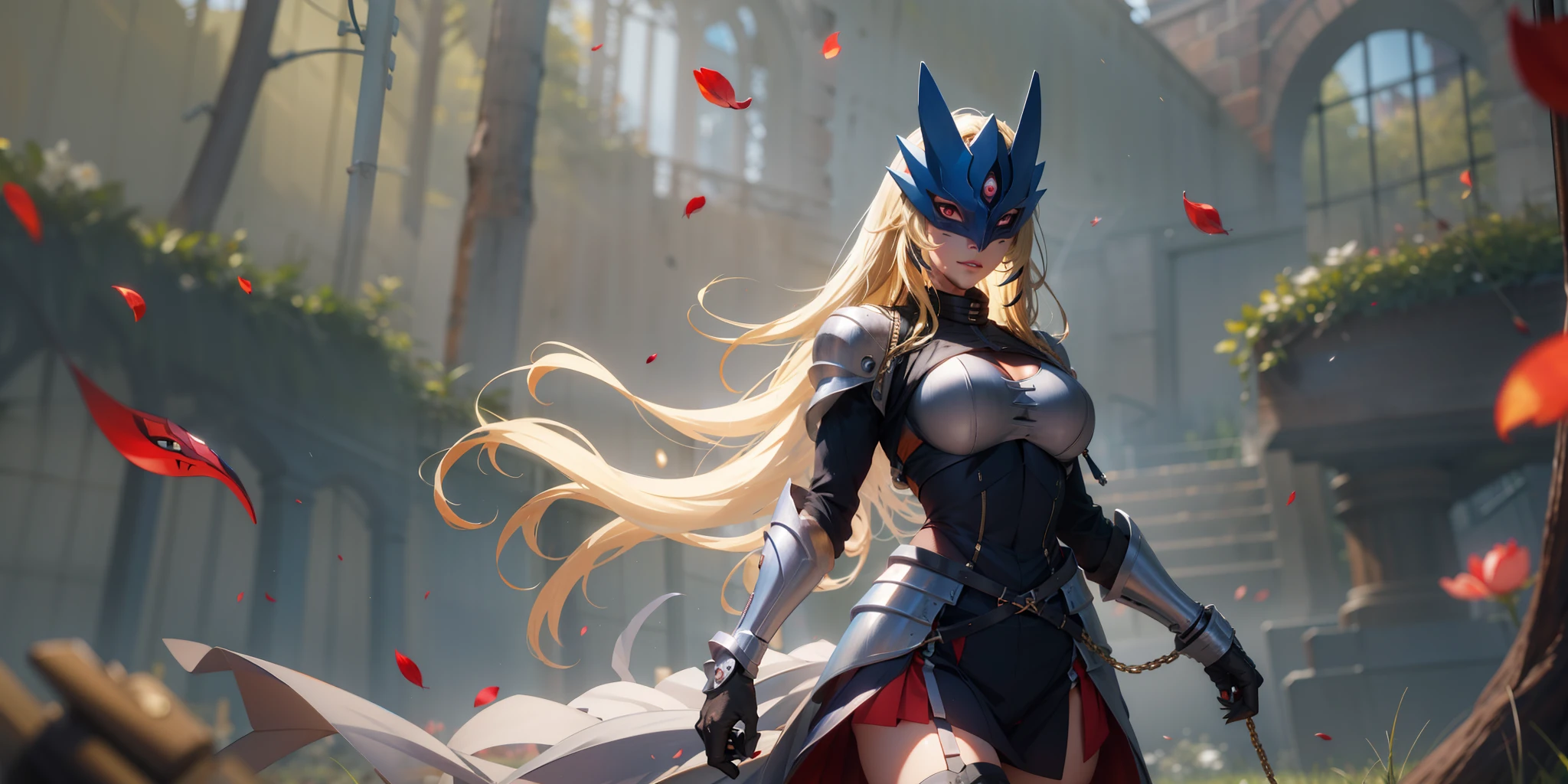 beelstarmon, (blonde hair, half mask, long hair:1.7), glowing eyes, masterpiece, best quality, (highres:1.4), (sagging breasts:1.4), hollow eyes, sweating, smirk, upper teeth, looking at viewer, petals, 1girl, thighhighs, armor, breasts,solo, chain, gauntlets,  looking_at_viewer, armored_dress, large_breasts,  rose_petals,  holding, flag, glow effects, godrays, Hand drawn, render, 8k, octane render, cinema 4d, blender, dark, atmospheric 4k ultra detailed, cinematic, Sharp focus, big depth of field, Masterpiece, colors, 3d octane render, 4k, concept art, trending on artstation, hyperrealistic, Vivid colors, extremely detailed CG unity 8k wallpaper, trending on CGSociety, Intricate, High Detail, dramatic, holding chain,