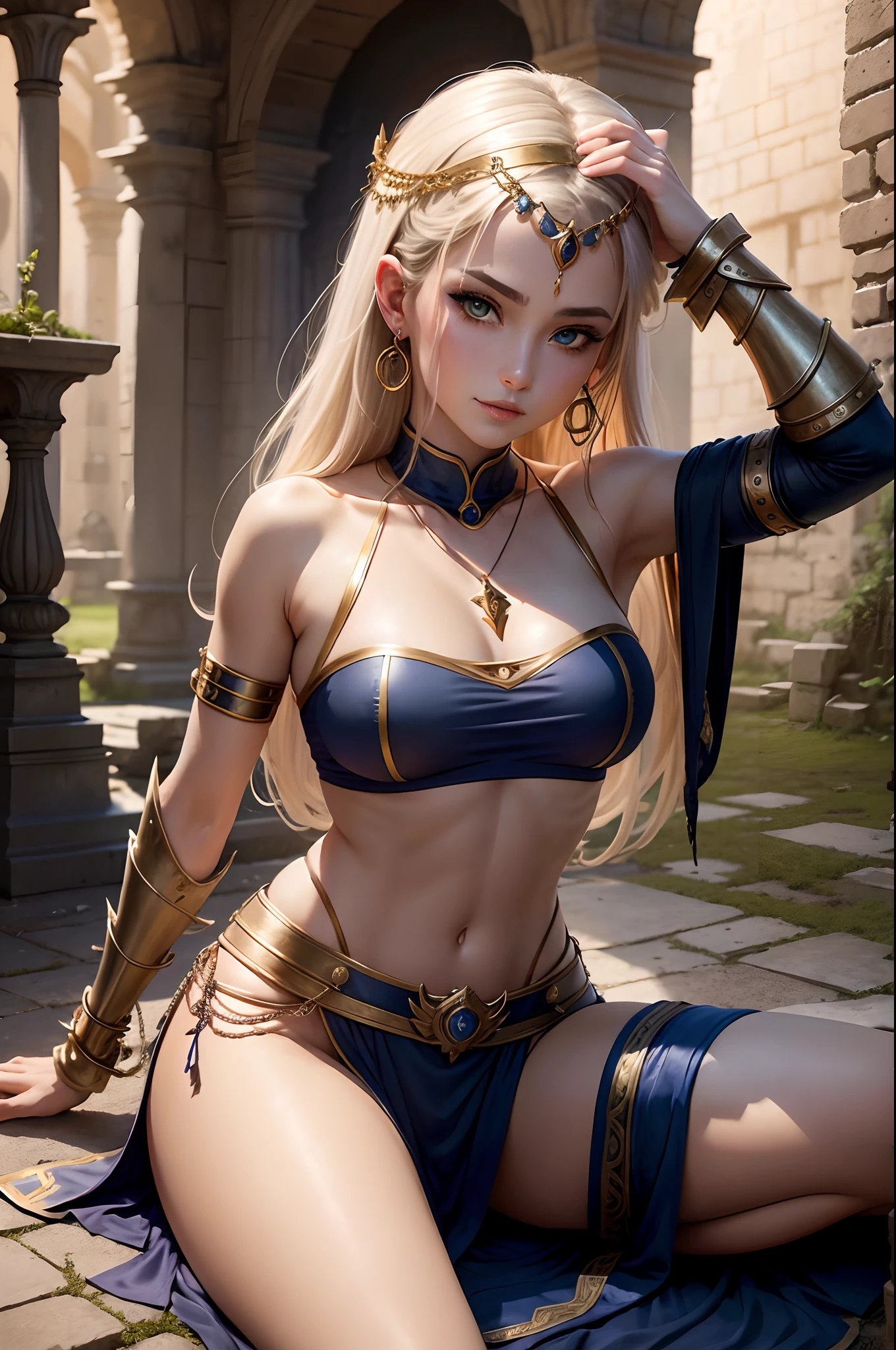Seated Pose, Legs spread. Panties are visible through the armor of her lower body. Upper body creates the image of a female warrior with a bikini and a shining sword. Her expression is a smile. Give this image feminine charm and courage. Next, Pair accessories such as warrior outfits designed to highlight body lines, Metal accents to create a combative atmosphere, reeds, Gold headpiece and、Lapis necklace with matching rings and earrings. Finally, The atmosphere of the female warrior is、Imbued with sharp eyeliner and dark eyeshadow. Photoshoot takes place in the courtyard of an abandoned castle. In the background is a crumbling rampart, An upside-down flag and stone statue with a sense of history. It is a place where female warrior cosplay can be seen in an atmosphere of history and mystery.