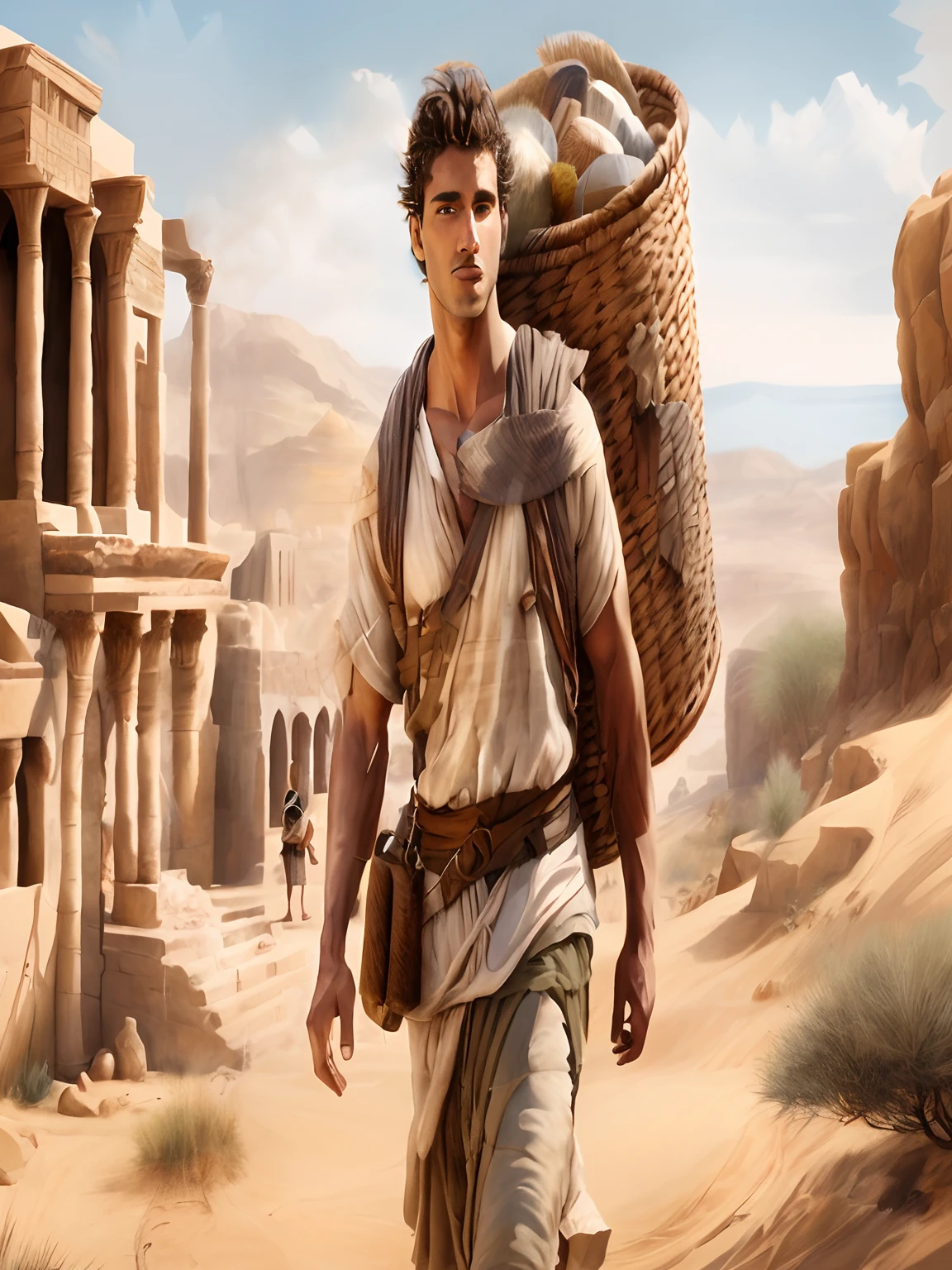 painting of a man walking in the desert carrying a basket, by Juan O'Gorman, greek myth digital painting, by Jason Felix, portrait of bedouin d&d, ancient rome man, young greek man, peter, by Joseph Henderson, biblical clothing, epic full color illustration, by Aleksander Gine, by John Atherton, by Wayne England