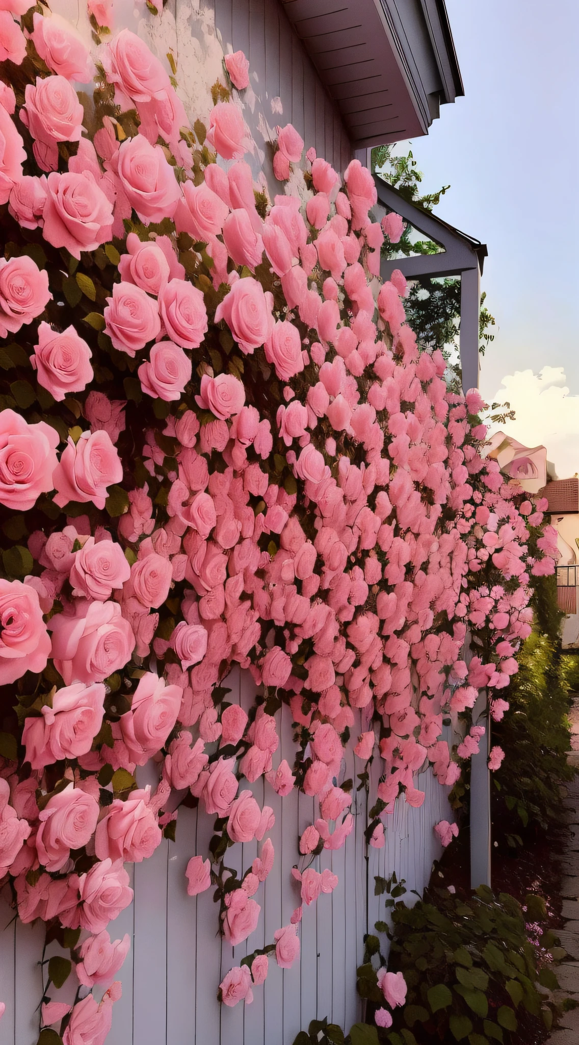 Pink roses grow on the white fence next to the house, beautiful flowers growing, beautiful aesthetic, Beautiful large flowers, portal made of roses, Incredibly beautiful, heaven pink, Beautiful flowers, rose pink lighting, light pink tonalities, Rose garden, Pink flowers, Lush outdoor flowers, Marshmallow bushes, Beautiful composition, pink hues, huge flower, beautifully lit